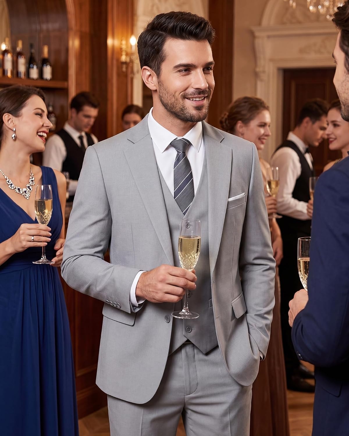 image:imageMens 3 Piece Suit Set One Button Slim Fit Solid Jacket Vest Pants Prom Party Wedding Business Suits for MenLight Gray