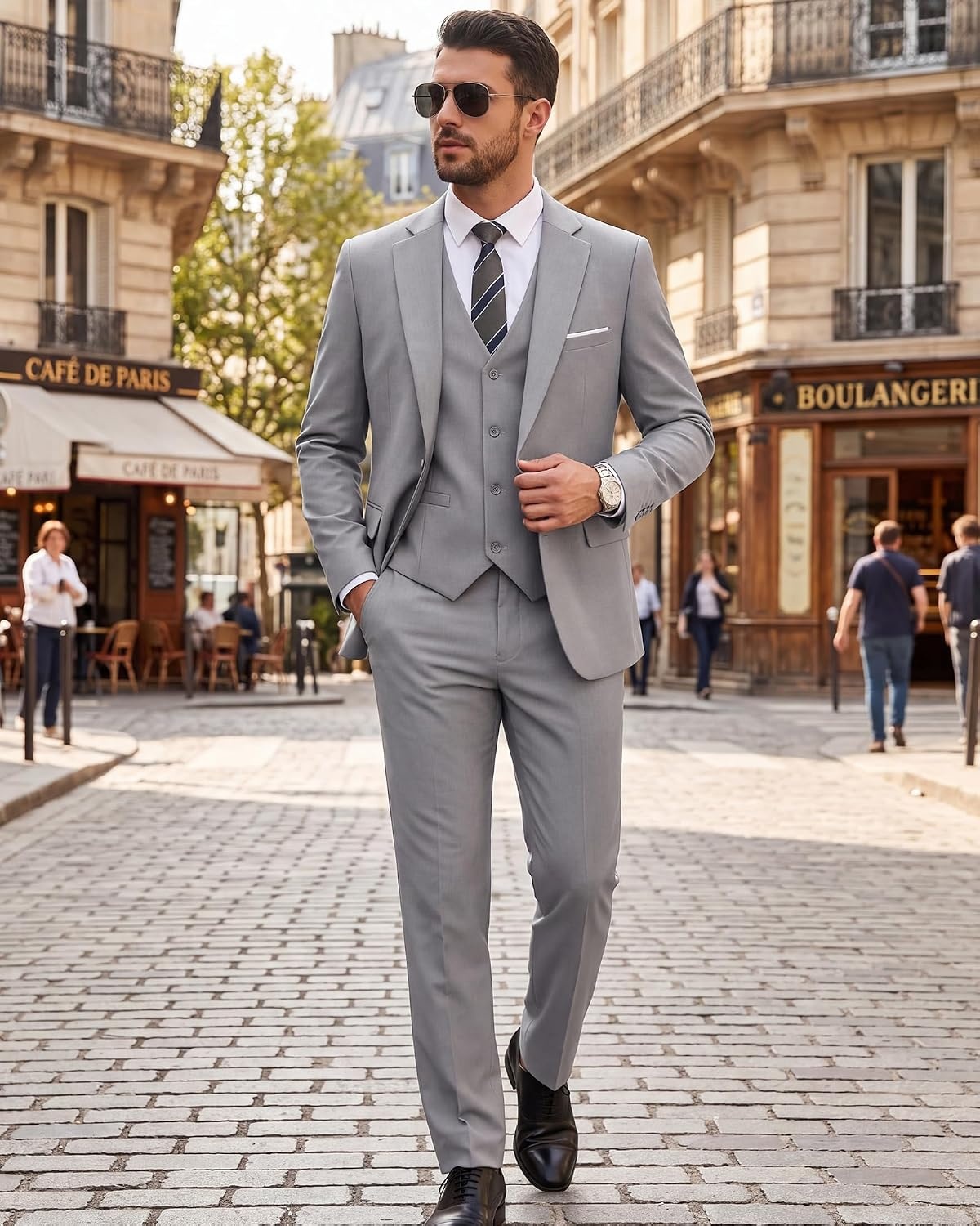 image:imageMens 3 Piece Suit Set One Button Slim Fit Solid Jacket Vest Pants Prom Party Wedding Business Suits for MenLight Gray