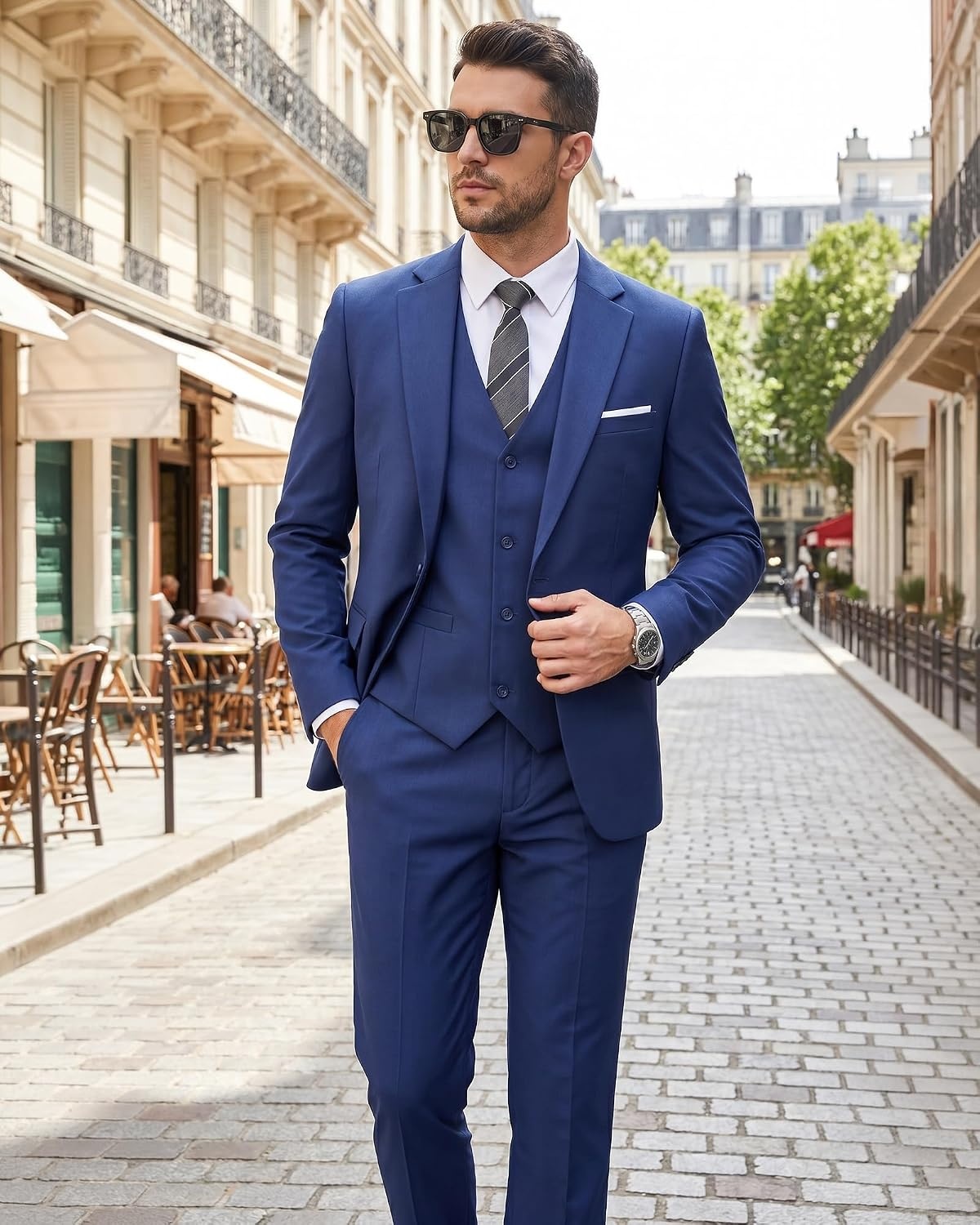 image:imageMens 3 Piece Suit Set One Button Slim Fit Solid Jacket Vest Pants Prom Party Wedding Business Suits for MenNavy