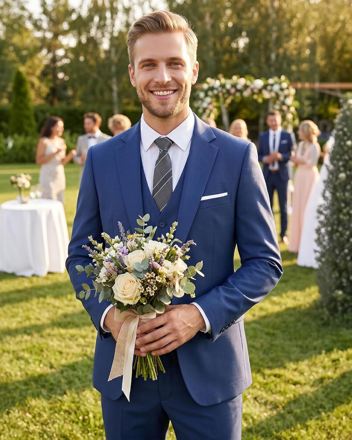 image:imageMens 3 Piece Suit Set One Button Slim Fit Solid Jacket Vest Pants Prom Party Wedding Business Suits for MenNavy