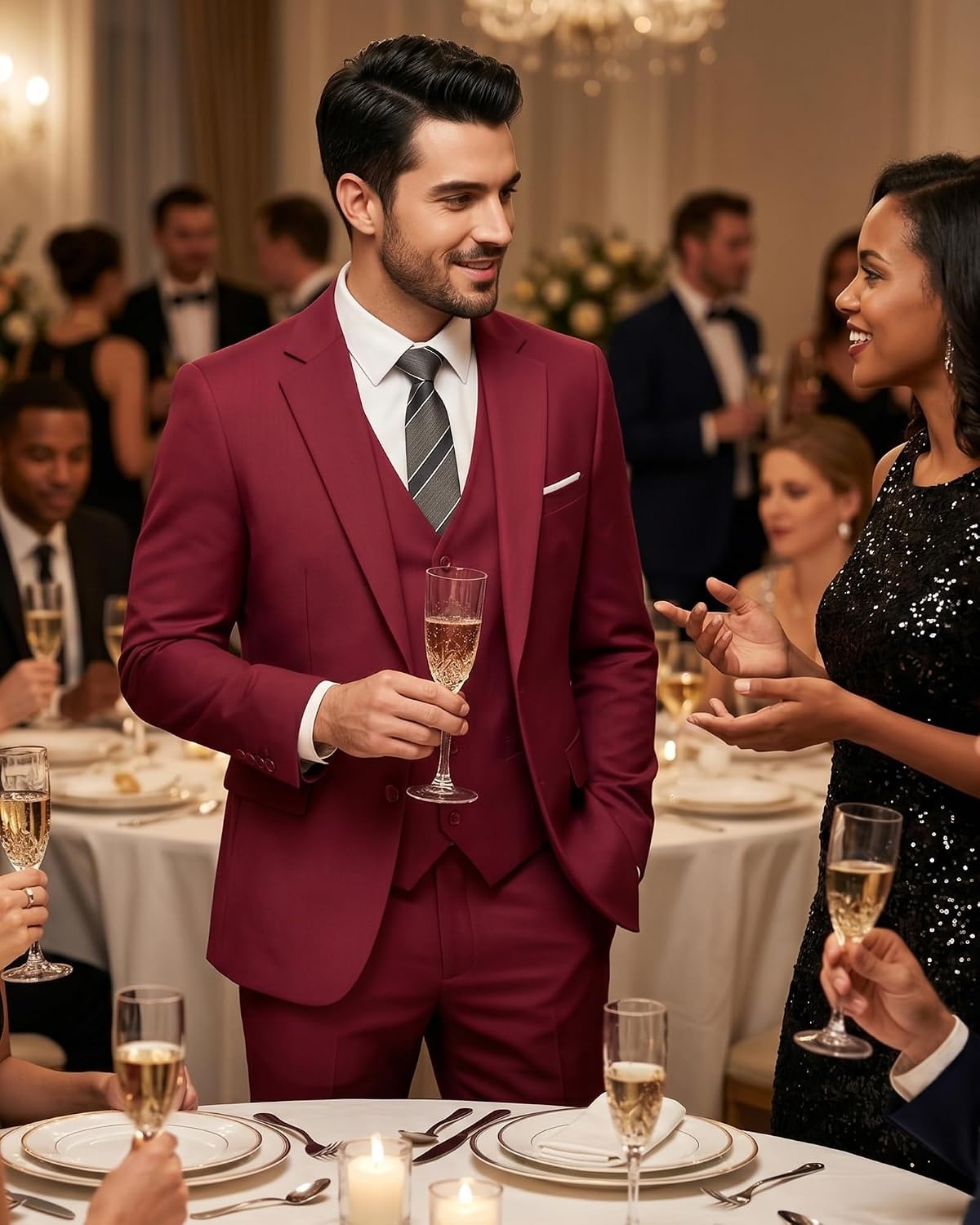 image:imageMens 3 Piece Suit Set One Button Slim Fit Solid Jacket Vest Pants Prom Party Wedding Business Suits for MenRed