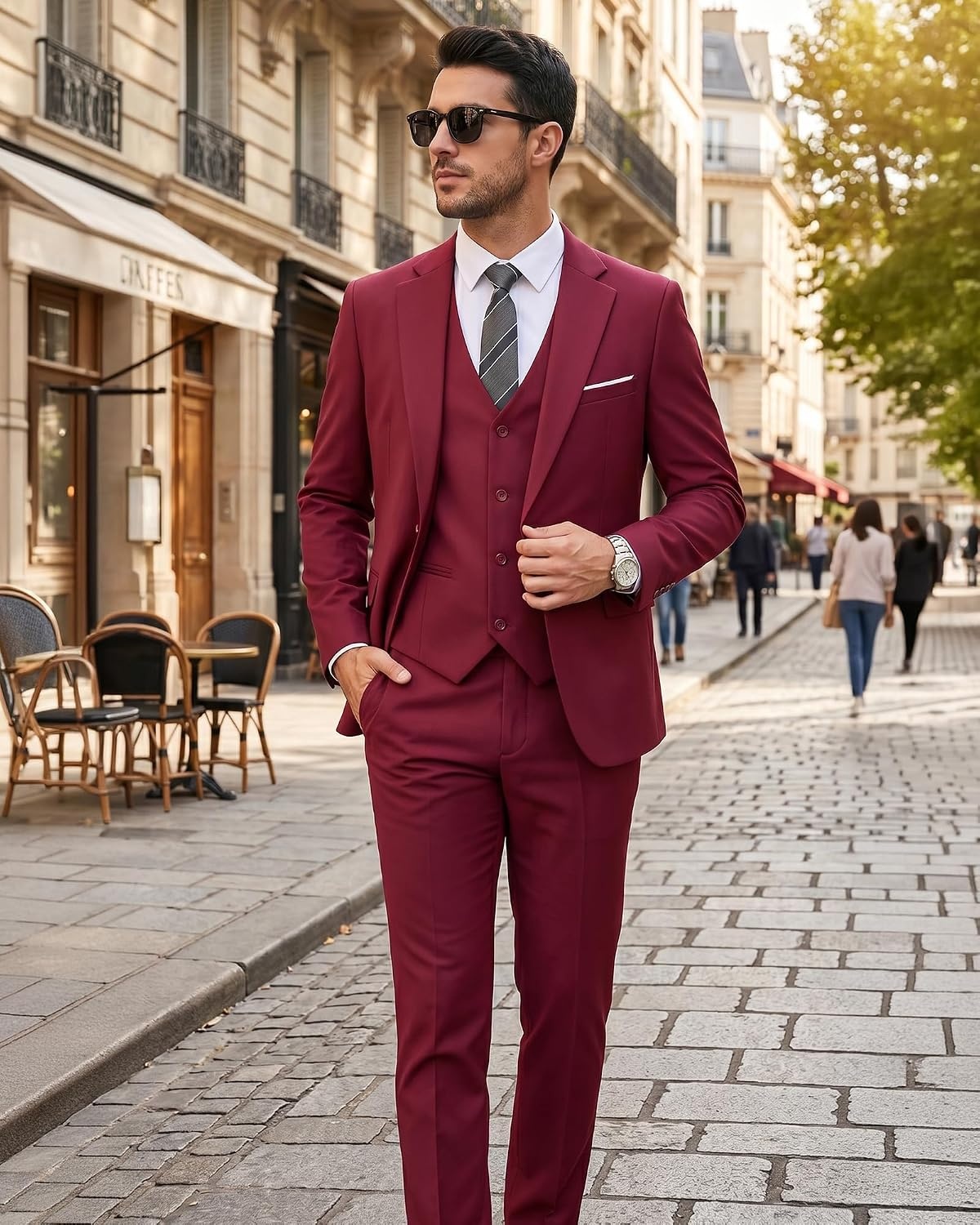 image:imageMens 3 Piece Suit Set One Button Slim Fit Solid Jacket Vest Pants Prom Party Wedding Business Suits for MenRed