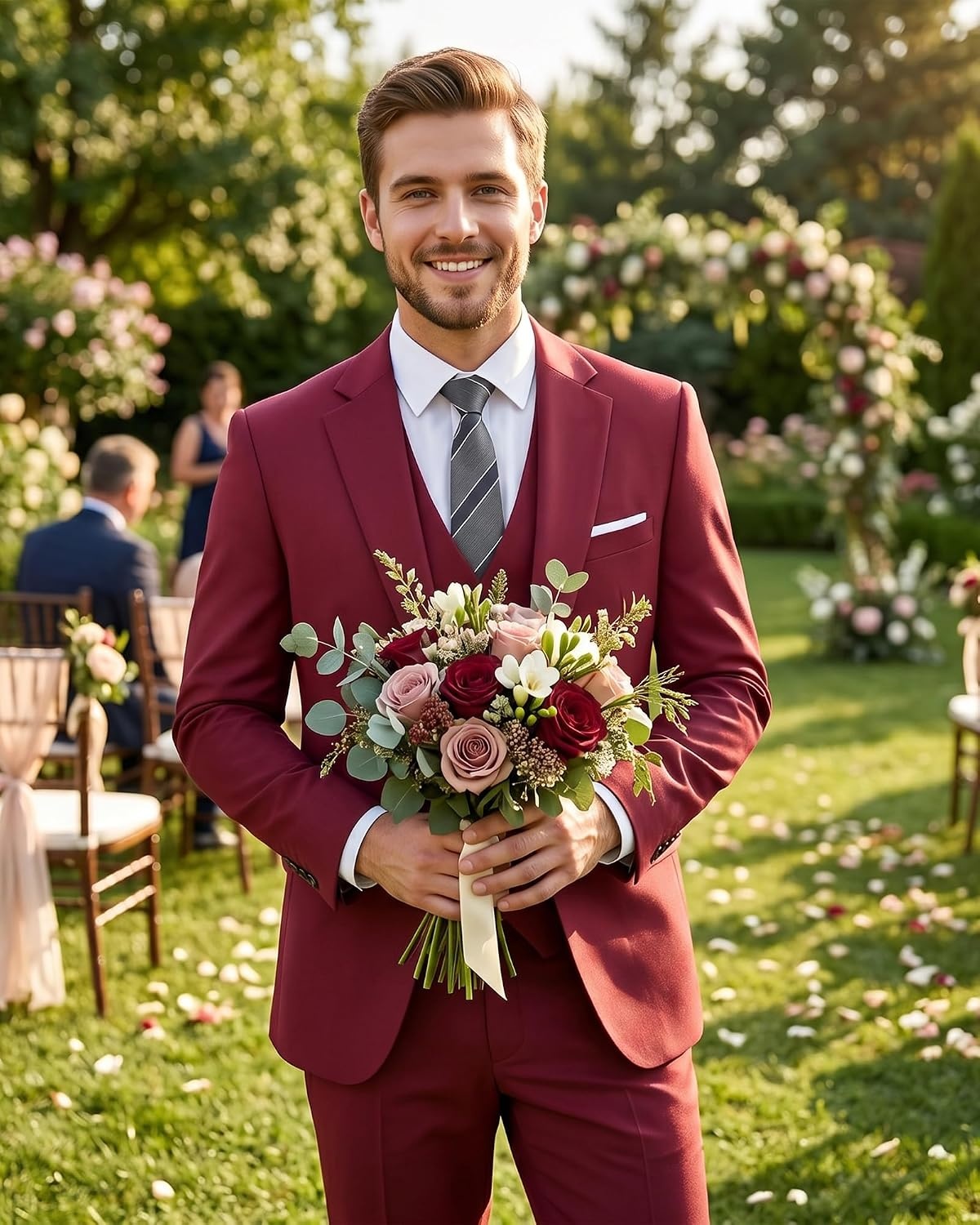 image:imageMens 3 Piece Suit Set One Button Slim Fit Solid Jacket Vest Pants Prom Party Wedding Business Suits for MenRed