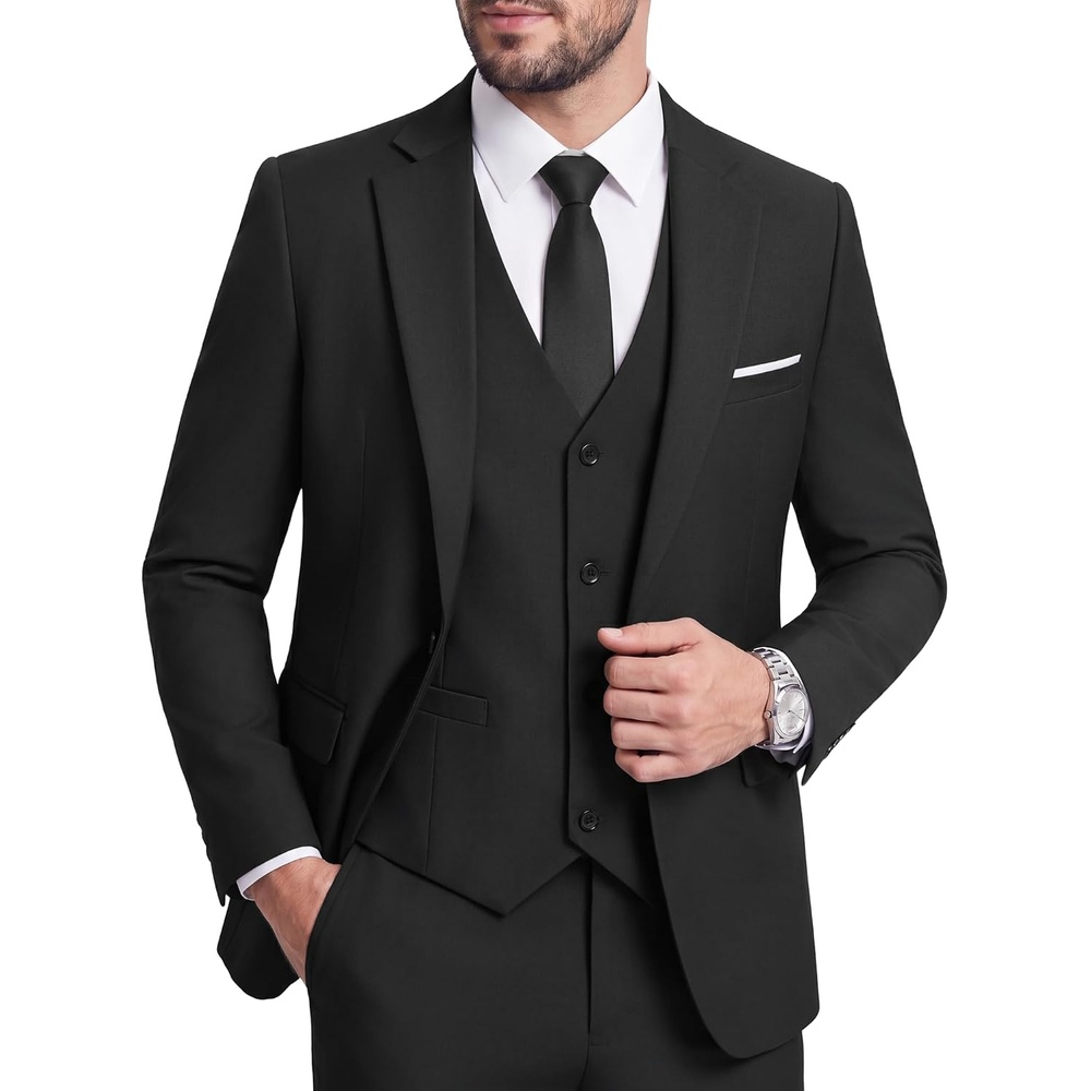 image:imageMens 3 Piece Suit Set One Button Slim Fit Solid Jacket Vest Pants Prom Party Wedding Business Suits for MenBlack
