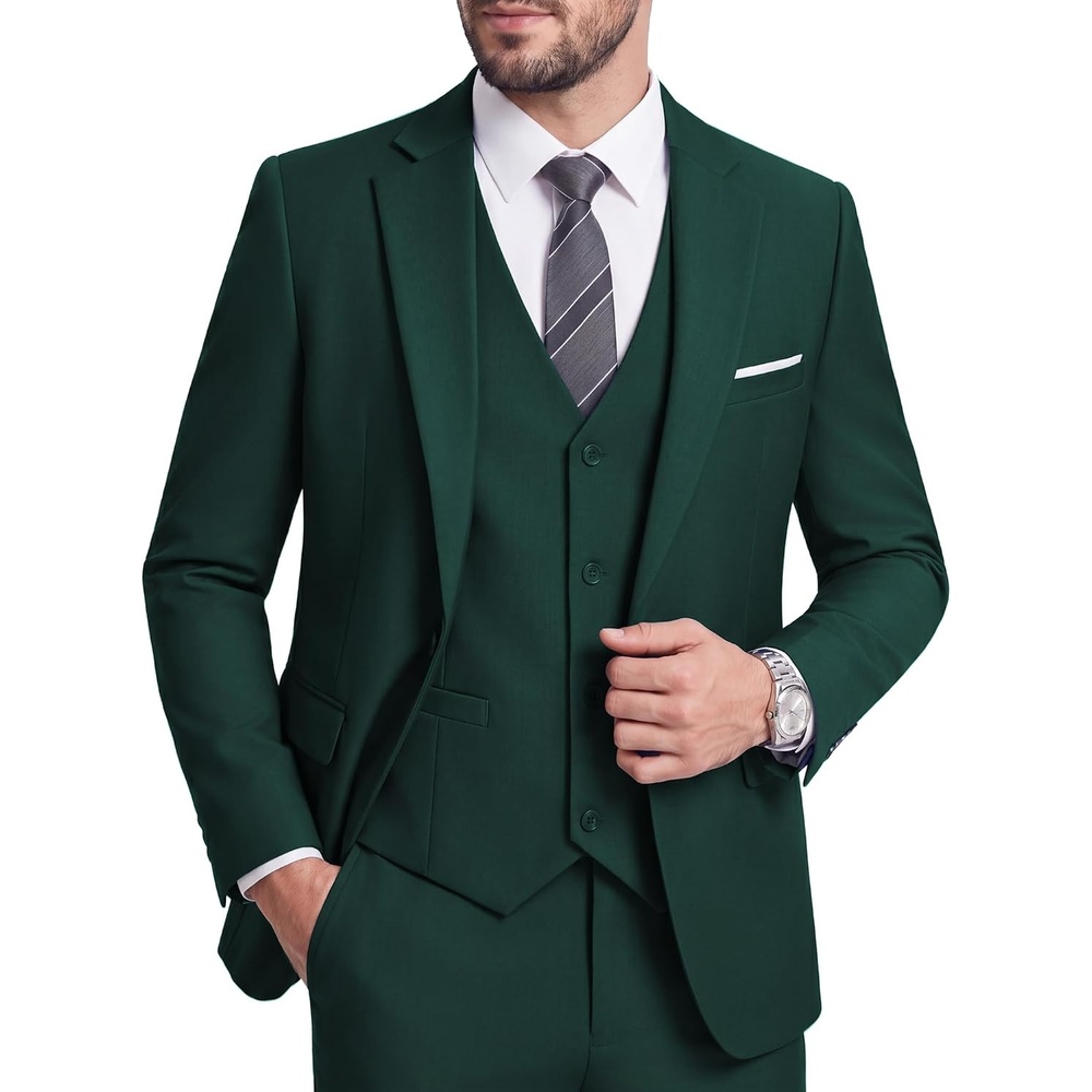 image:imageMens 3 Piece Suit Set One Button Slim Fit Solid Jacket Vest Pants Prom Party Wedding Business Suits for MenBlackish Green