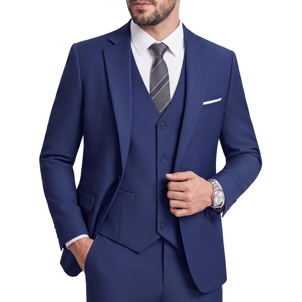 image:imageMens 3 Piece Suit Set One Button Slim Fit Solid Jacket Vest Pants Prom Party Wedding Business Suits for MenNavy
