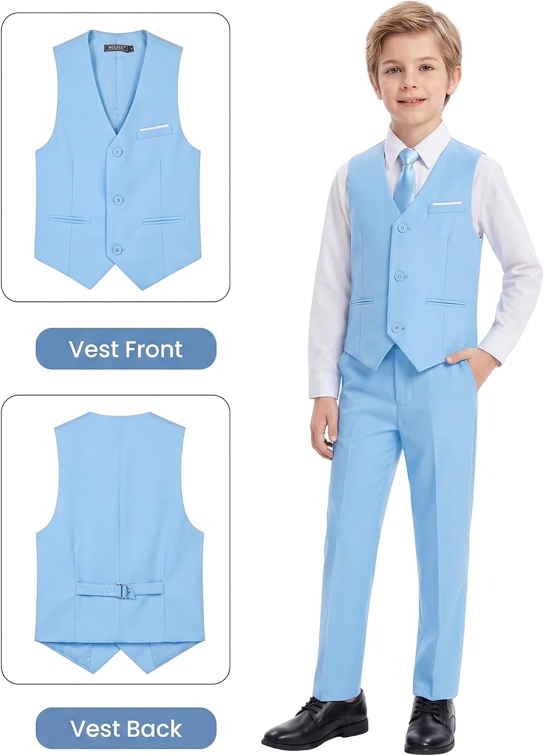 image:imageWULFUL Boys Suits 5Pieces Formal Slim Fit Tuxedo Suit SetTeen Suits for Wedding Ring Bearer Church OutfitLight Blue