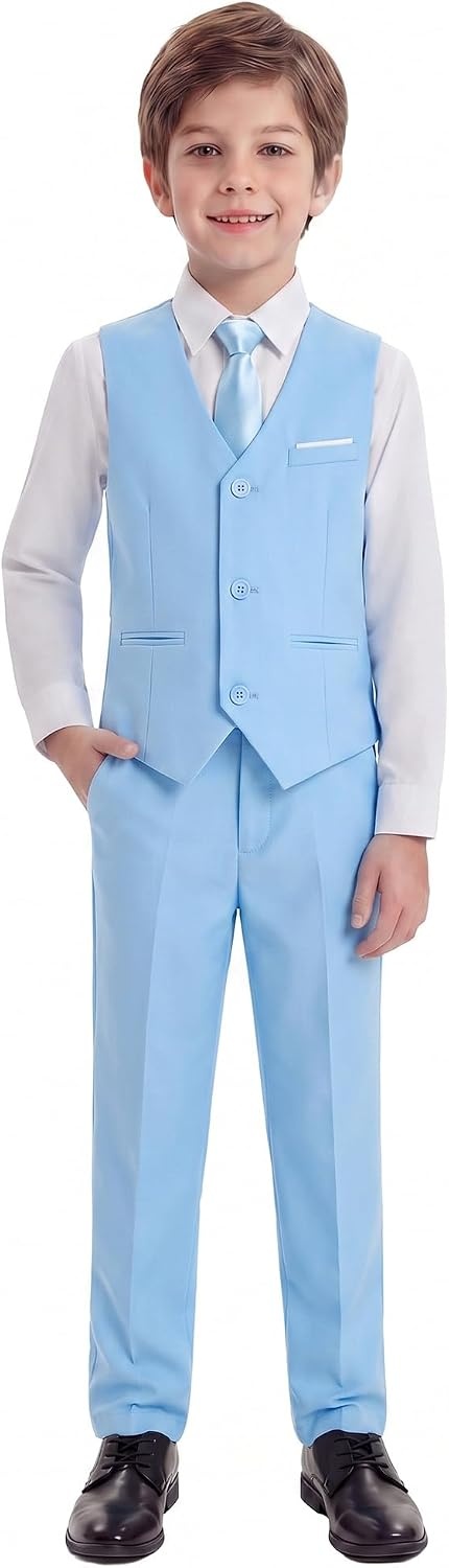 image:imageWULFUL Boys Suits 5Pieces Formal Slim Fit Tuxedo Suit SetTeen Suits for Wedding Ring Bearer Church OutfitLight Blue