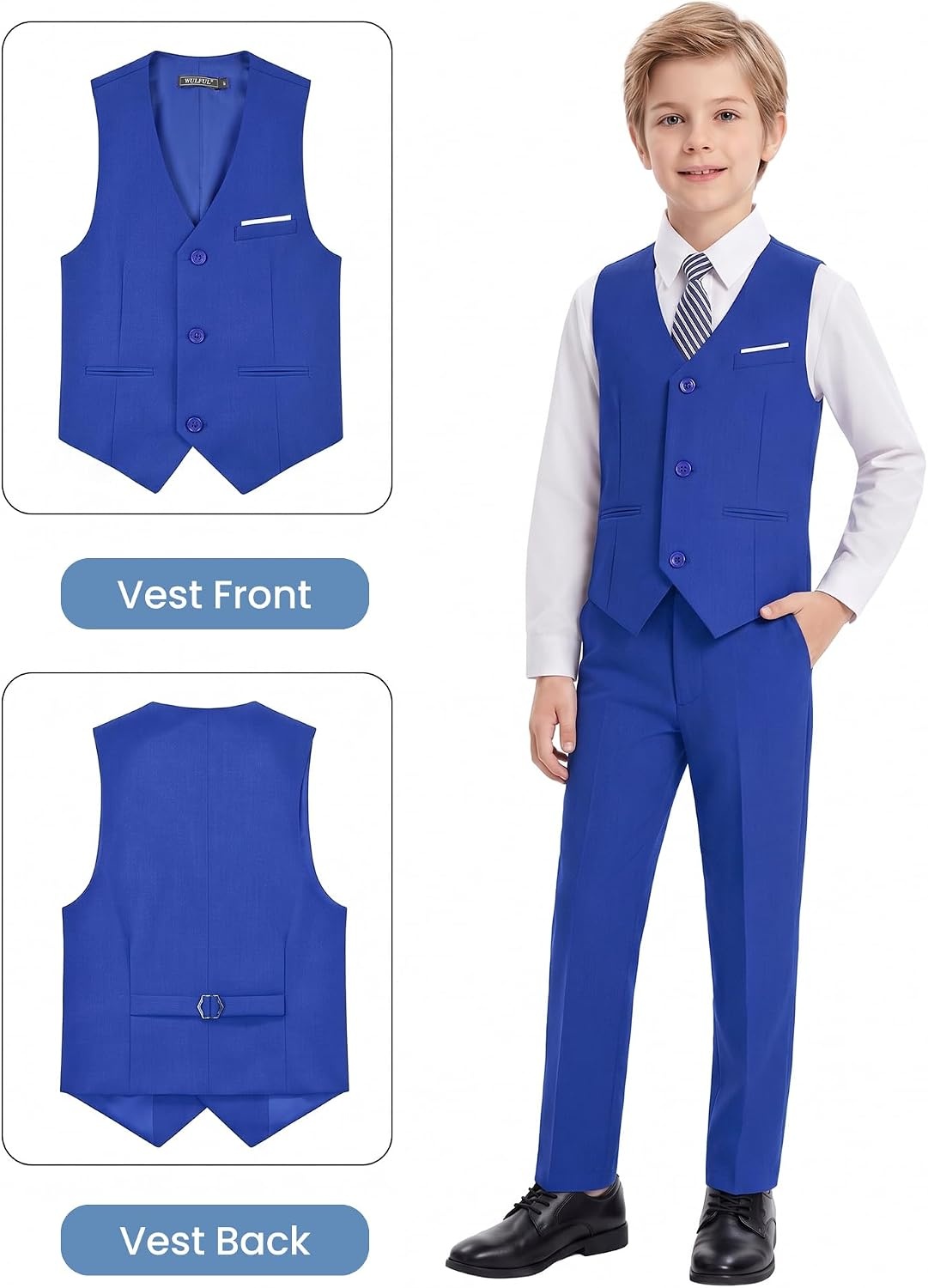 image:imageWULFUL Boys Suits 5Pieces Formal Slim Fit Tuxedo Suit SetTeen Suits for Wedding Ring Bearer Church OutfitRoyal Blue
