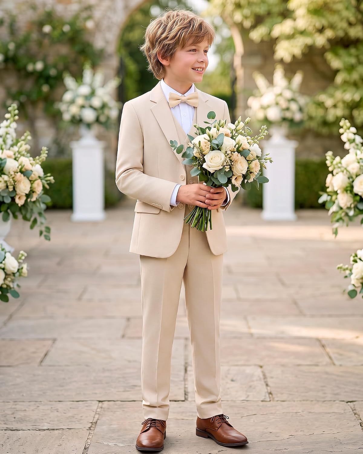 image:imageWULFUL Boys Suits 6Pieces Slim Fit Formal Kids Suit Tuxedo Wedding Ring Bearer Outfit with Adjustable WaistBeige