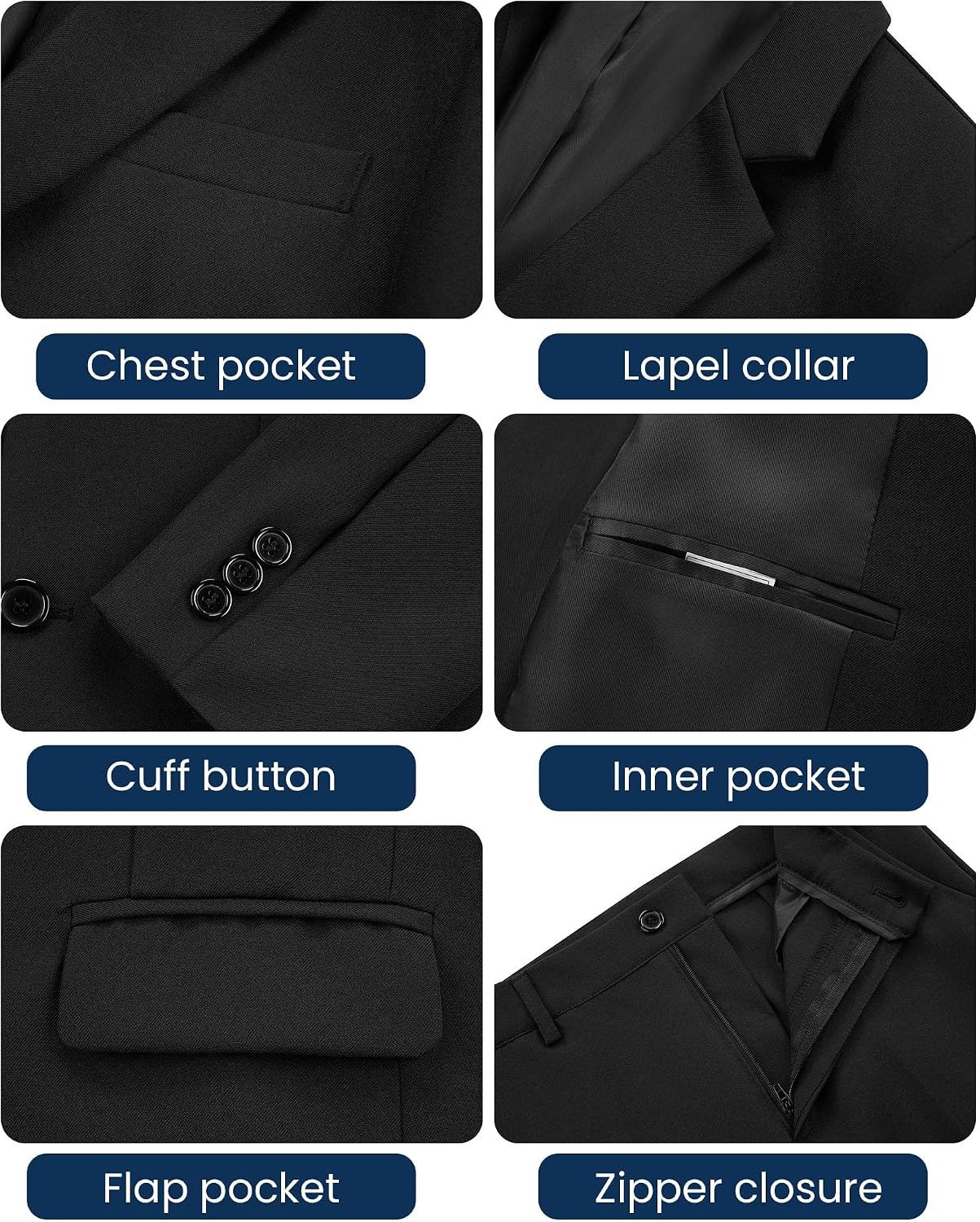 image:imageWULFUL Boys Suits 6Pieces Slim Fit Formal Kids Suit Tuxedo Wedding Ring Bearer Outfit with Adjustable WaistBlack