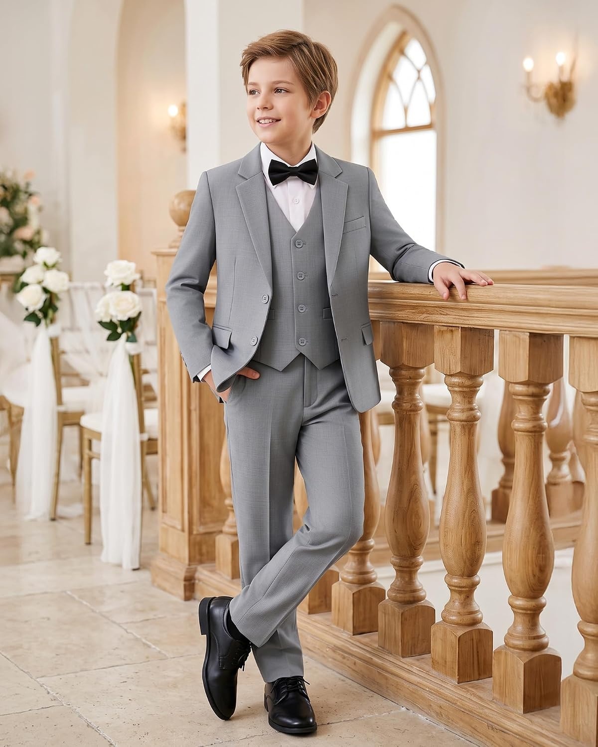 image:imageWULFUL Boys Suits 6Pieces Slim Fit Formal Kids Suit Tuxedo Wedding Ring Bearer Outfit with Adjustable WaistDark Grey