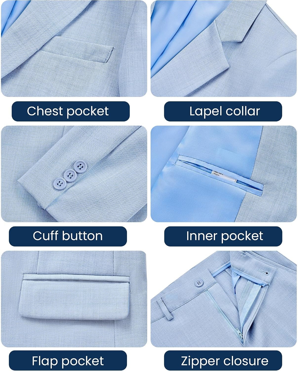 image:imageWULFUL Boys Suits 6Pieces Slim Fit Formal Kids Suit Tuxedo Wedding Ring Bearer Outfit with Adjustable WaistLight Blue