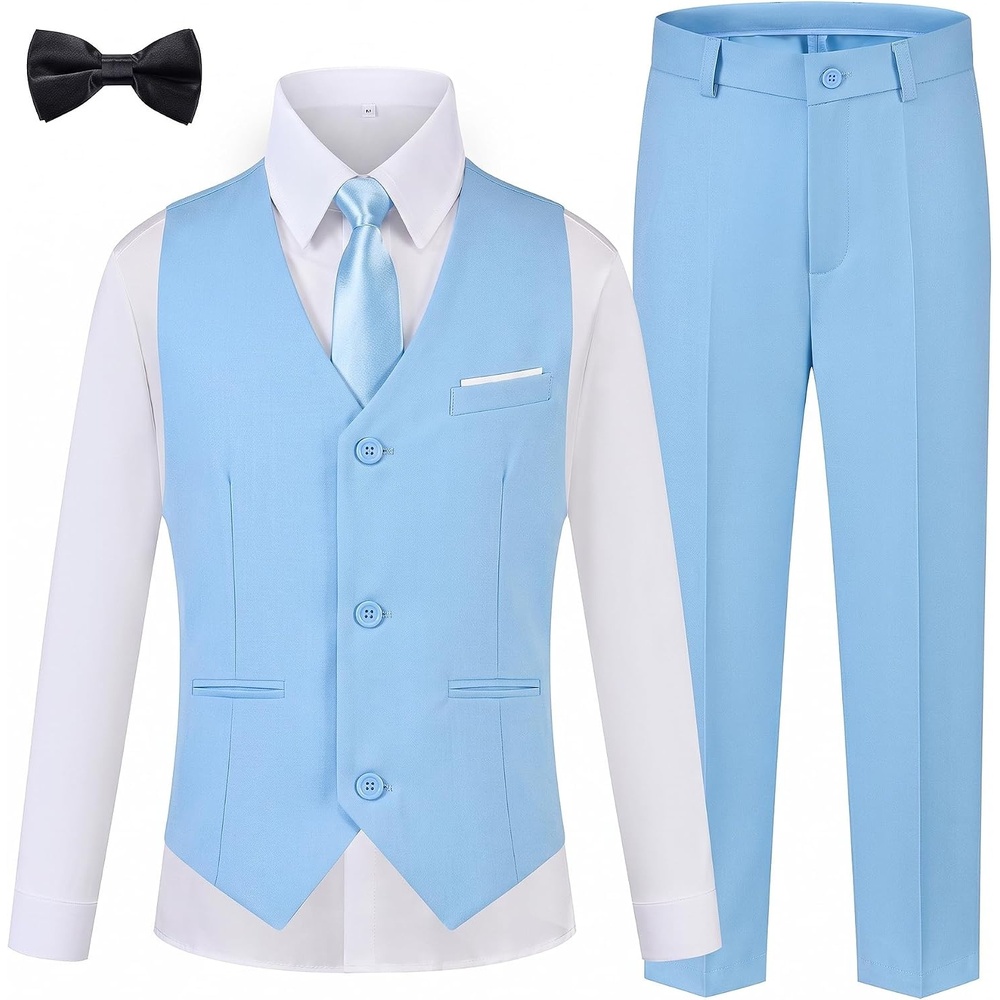 image:imageWULFUL Boys Suits 5Pieces Formal Slim Fit Tuxedo Suit SetTeen Suits for Wedding Ring Bearer Church OutfitLight Blue