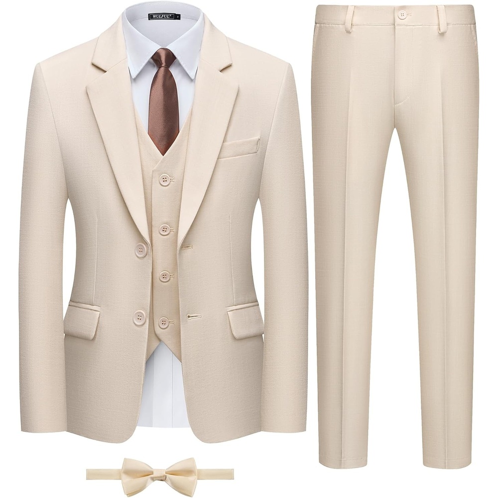 image:imageWULFUL Boys Suits 6Pieces Slim Fit Formal Kids Suit Tuxedo Wedding Ring Bearer Outfit with Adjustable WaistBeige