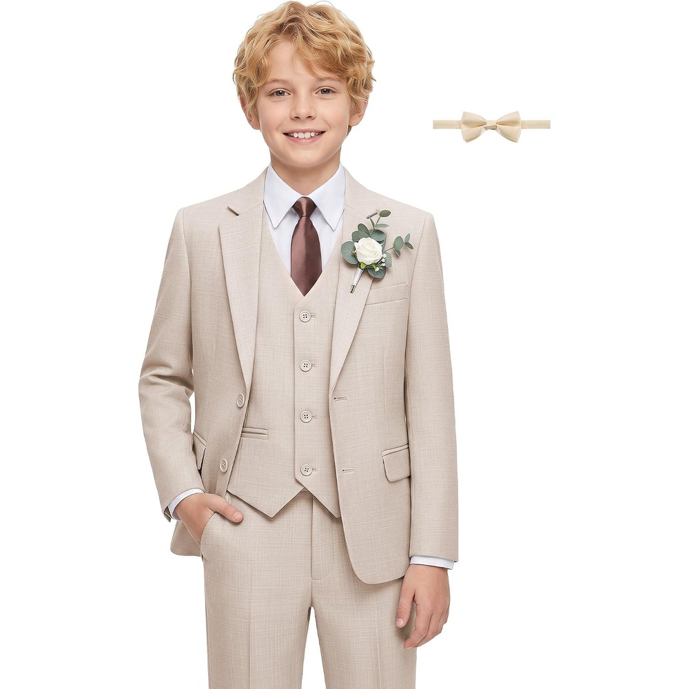 image:imageWULFUL Boys Suits 6Pieces Slim Fit Formal Kids Suit Tuxedo Wedding Ring Bearer Outfit with Adjustable WaistLight Khaki