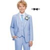 WULFUL Boys Suits 6-Pieces Slim Fit Formal Kids Suit Tuxedo Wedding Ring Bearer Outfit with Adjustable Waist(Light Blue)