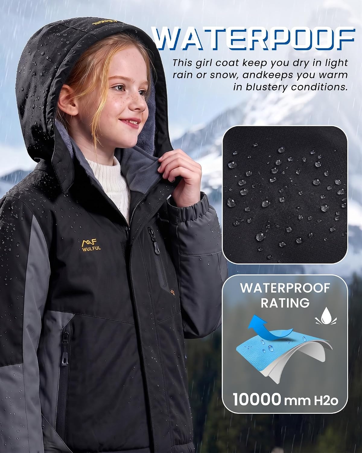 image:imageWULFUL Girls Waterproof Ski Jacket Winter Warm Fleece Lined Snow Coat with Removable Hood for Kids Skiing SnowboardingBlackgrey