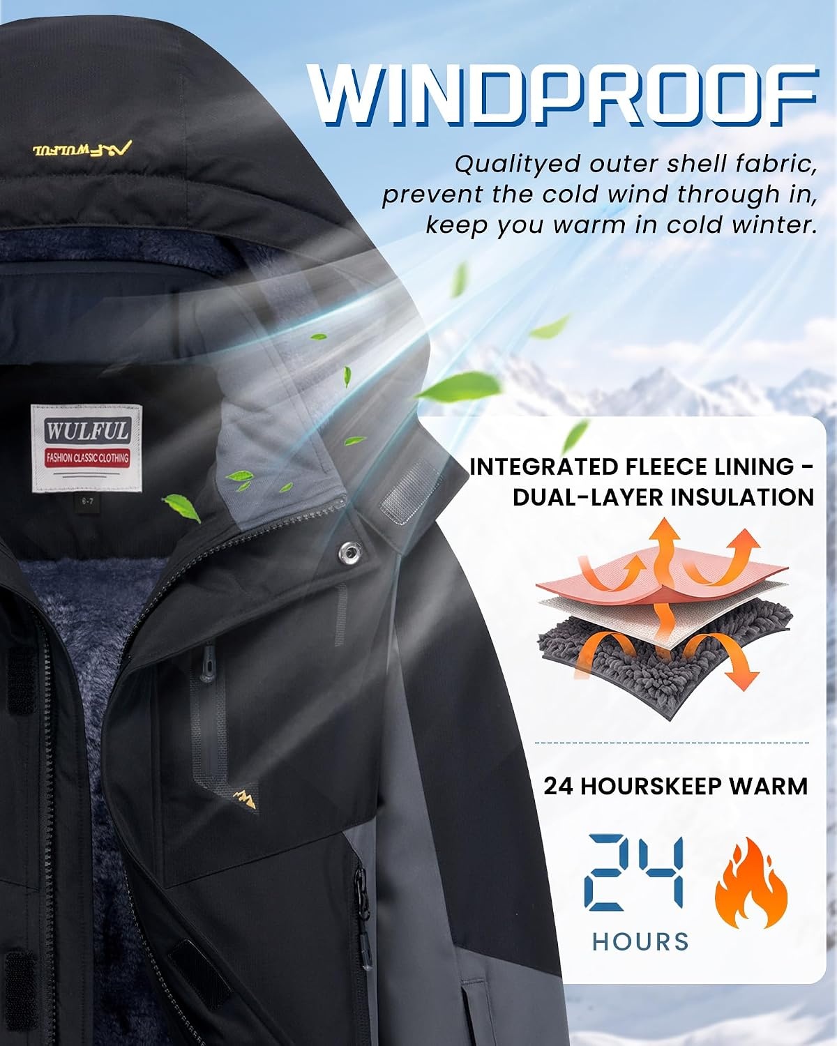 image:imageWULFUL Girls Waterproof Ski Jacket Winter Warm Fleece Lined Snow Coat with Removable Hood for Kids Skiing SnowboardingBlackgrey