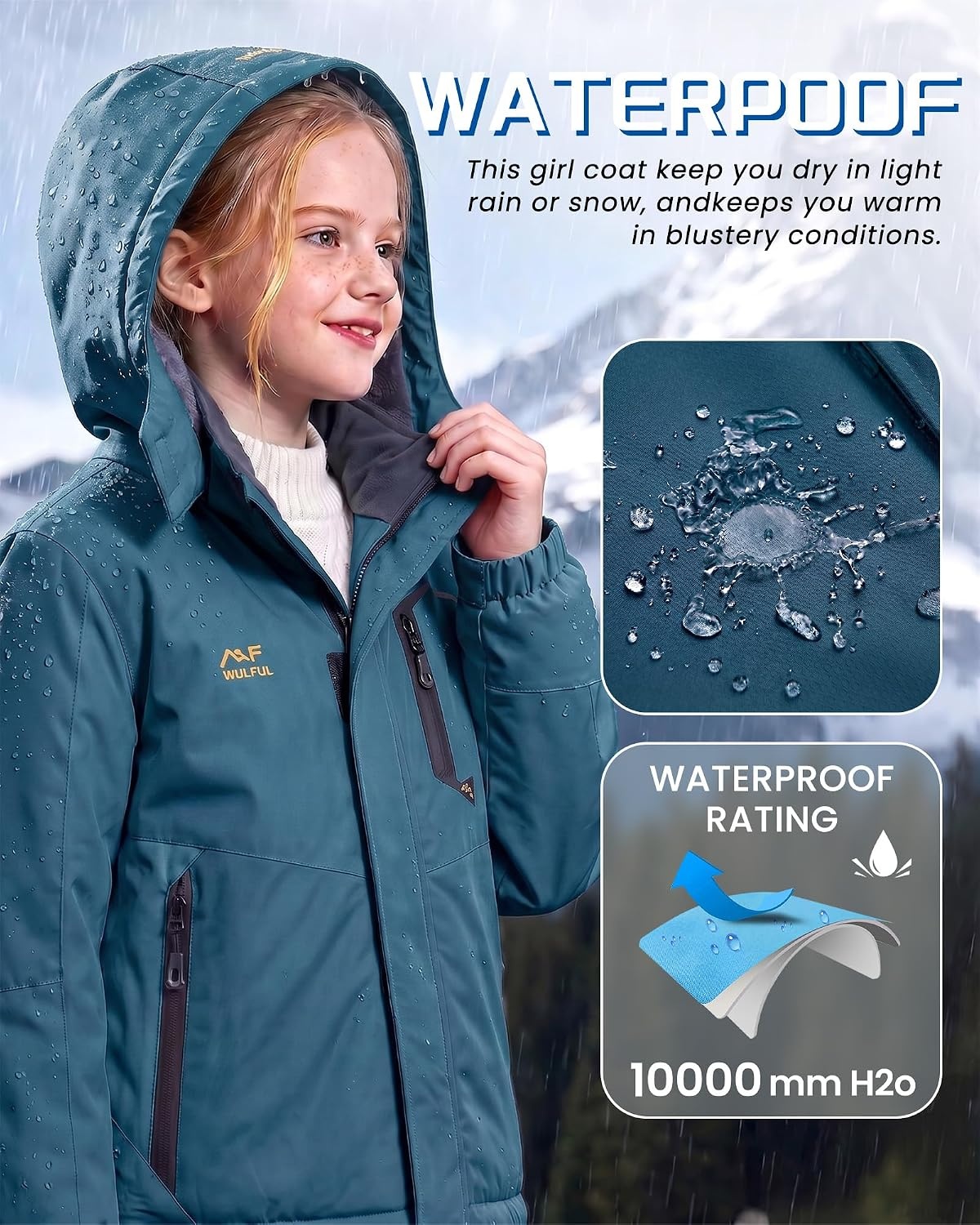 image:imageWULFUL Girls Waterproof Ski Jacket Winter Warm Fleece Lined Snow Coat with Removable Hood for Kids Skiing SnowboardingBlue