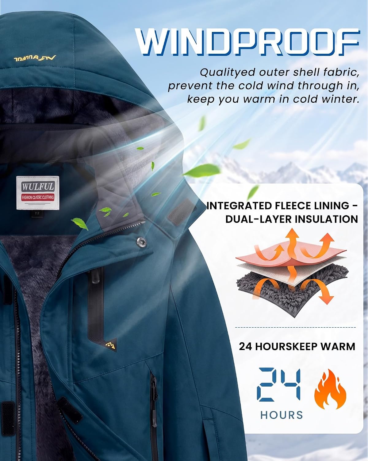 image:imageWULFUL Girls Waterproof Ski Jacket Winter Warm Fleece Lined Snow Coat with Removable Hood for Kids Skiing SnowboardingBlue