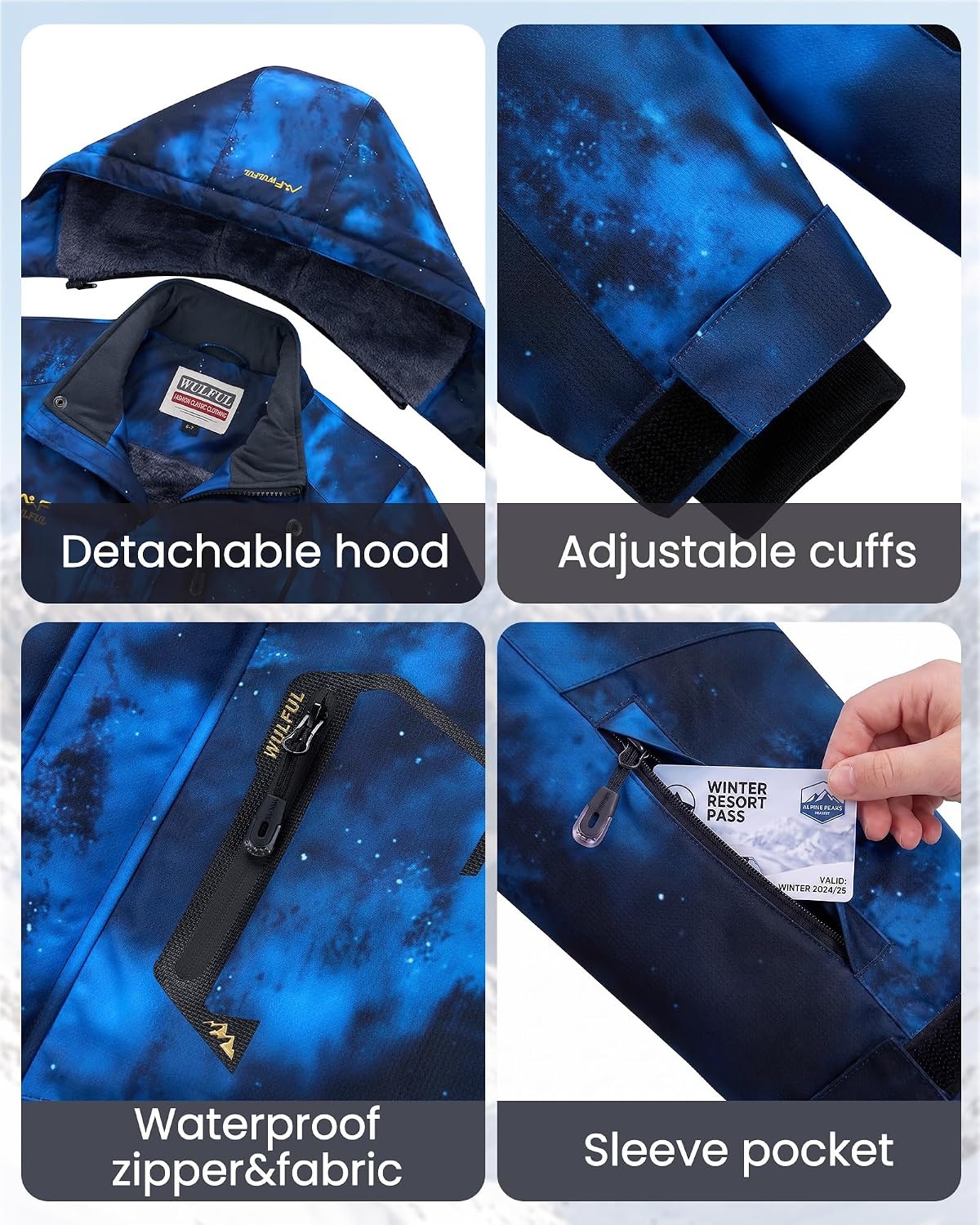 image:imageWULFUL Girls Waterproof Ski Jacket Winter Warm Fleece Lined Snow Coat with Removable Hood for Kids Skiing SnowboardingBlue Star