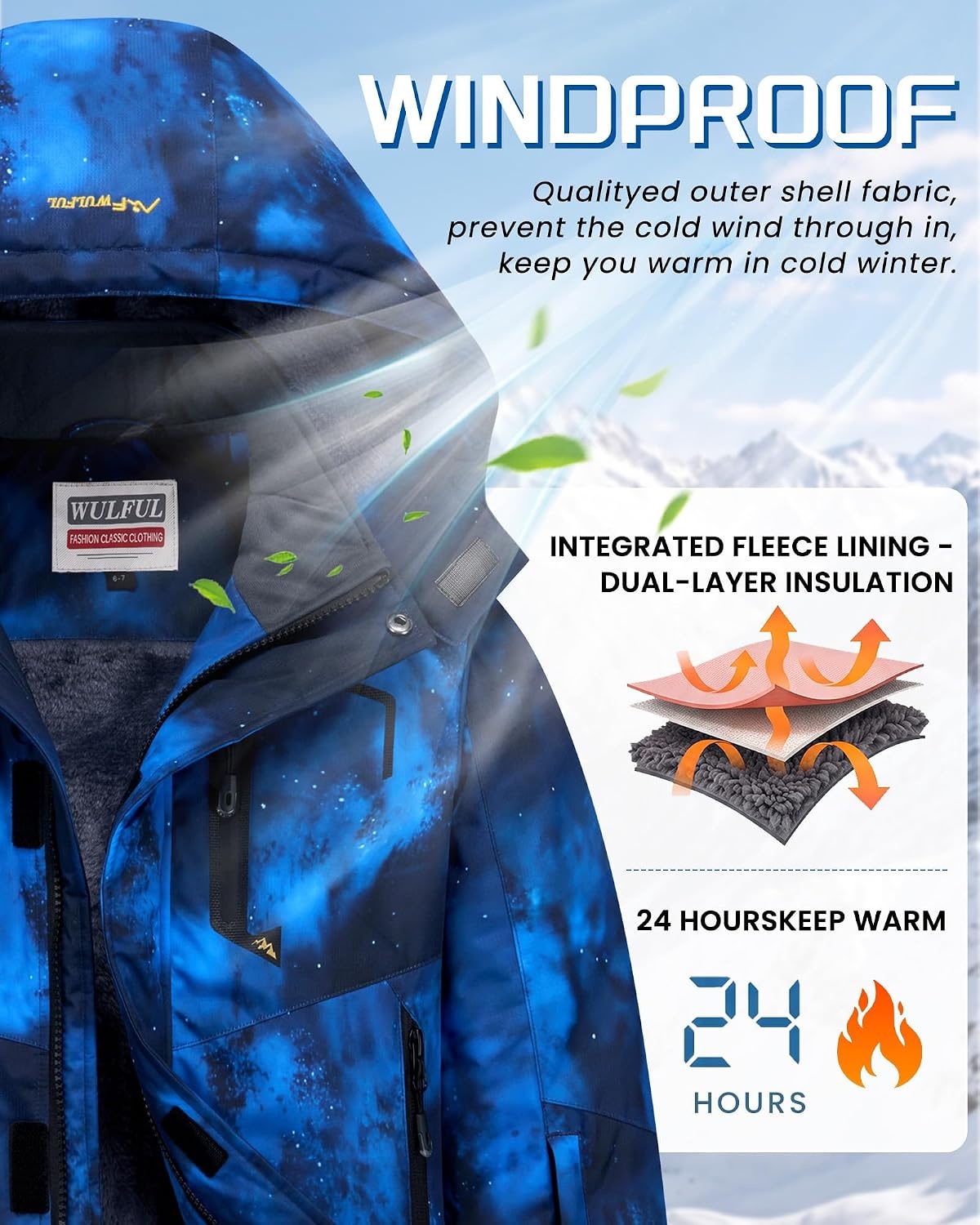 image:imageWULFUL Girls Waterproof Ski Jacket Winter Warm Fleece Lined Snow Coat with Removable Hood for Kids Skiing SnowboardingBlue Star