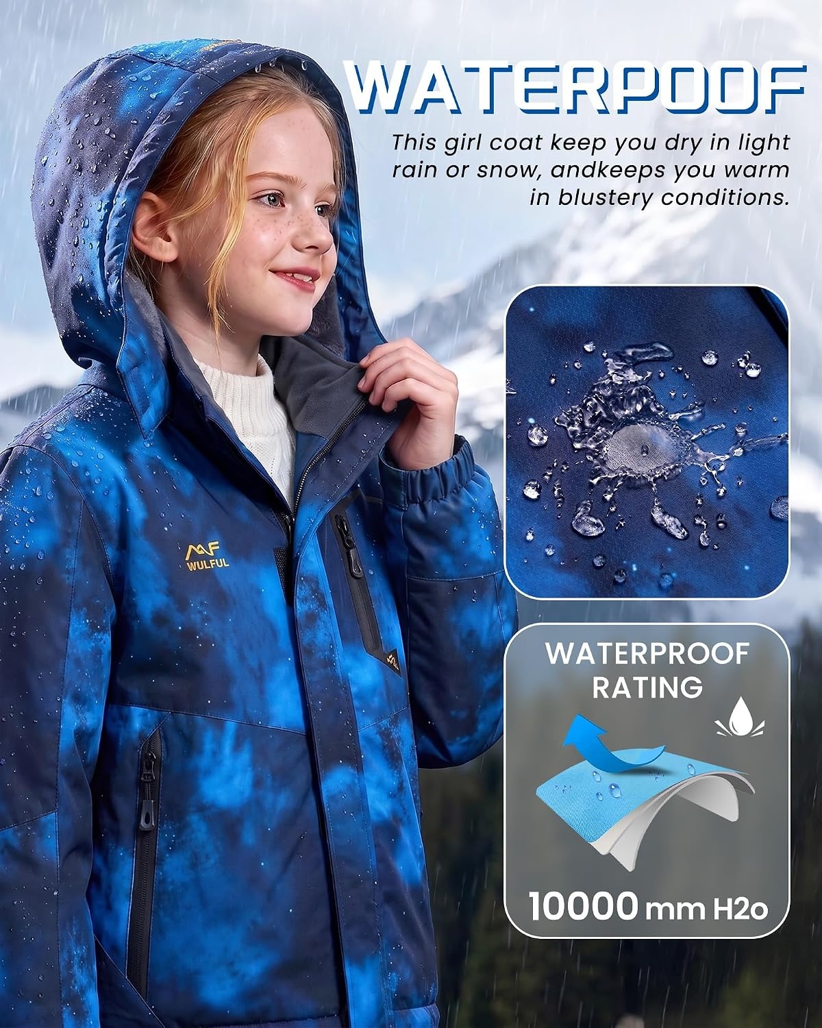 image:imageWULFUL Girls Waterproof Ski Jacket Winter Warm Fleece Lined Snow Coat with Removable Hood for Kids Skiing SnowboardingBlue Star