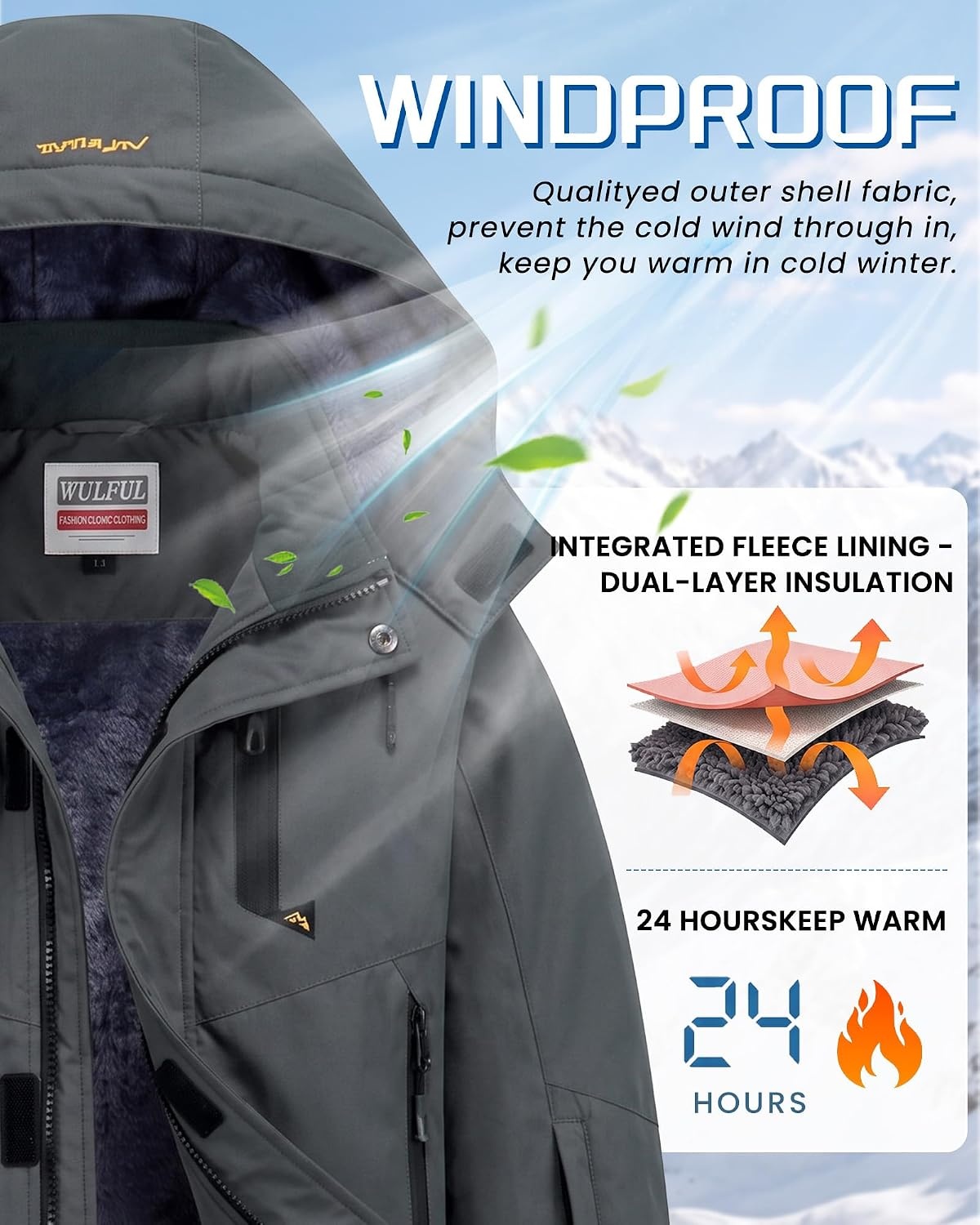 image:imageWULFUL Girls Waterproof Ski Jacket Winter Warm Fleece Lined Snow Coat with Removable Hood for Kids Skiing SnowboardingDark Grey