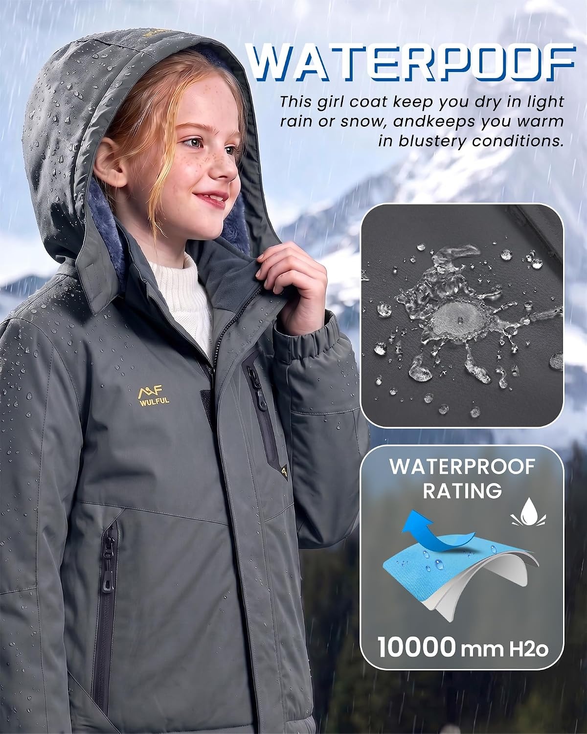 image:imageWULFUL Girls Waterproof Ski Jacket Winter Warm Fleece Lined Snow Coat with Removable Hood for Kids Skiing SnowboardingDark Grey