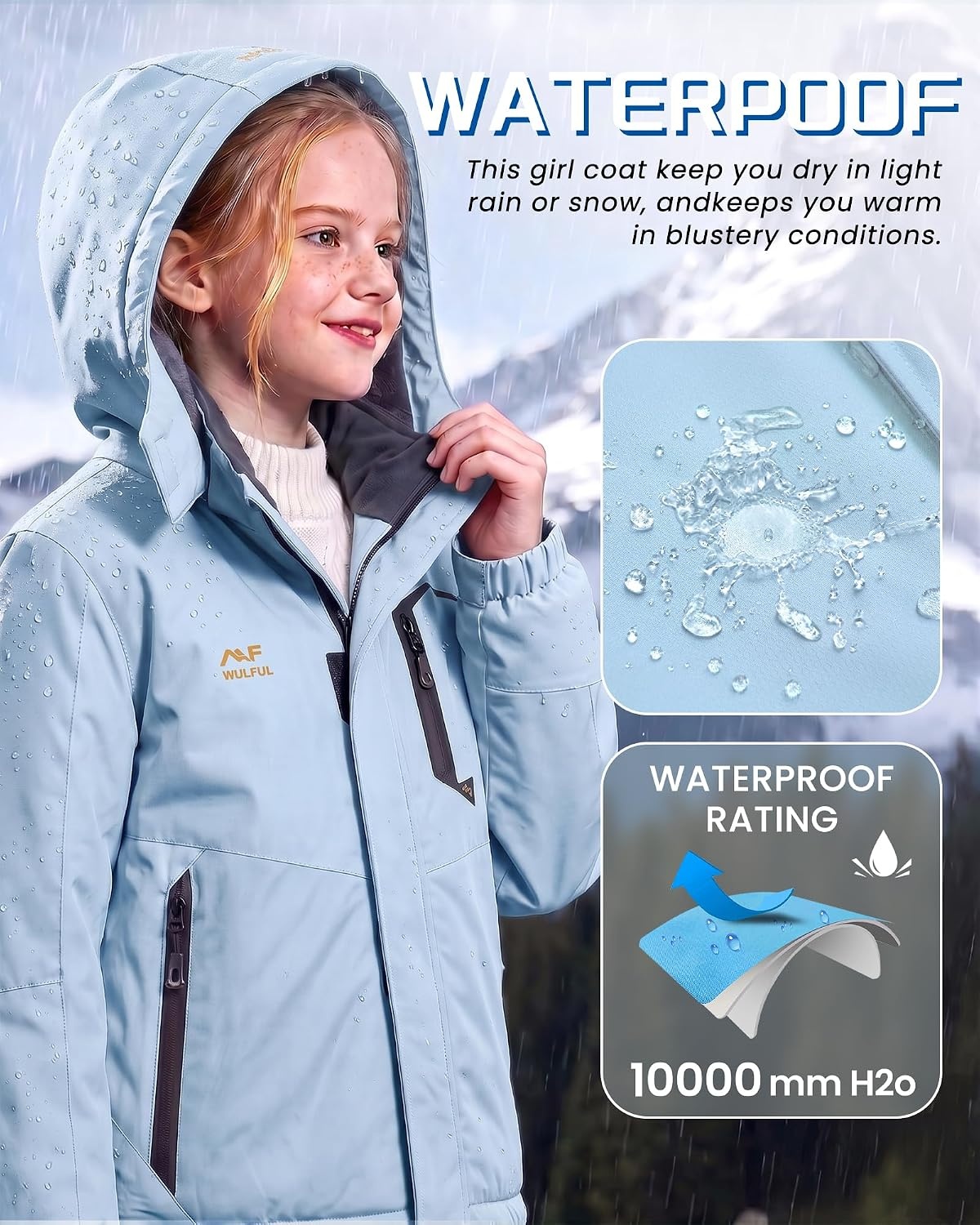 image:imageWULFUL Girls Waterproof Ski Jacket Winter Warm Fleece Lined Snow Coat with Removable Hood for Kids Skiing SnowboardingLight Blue