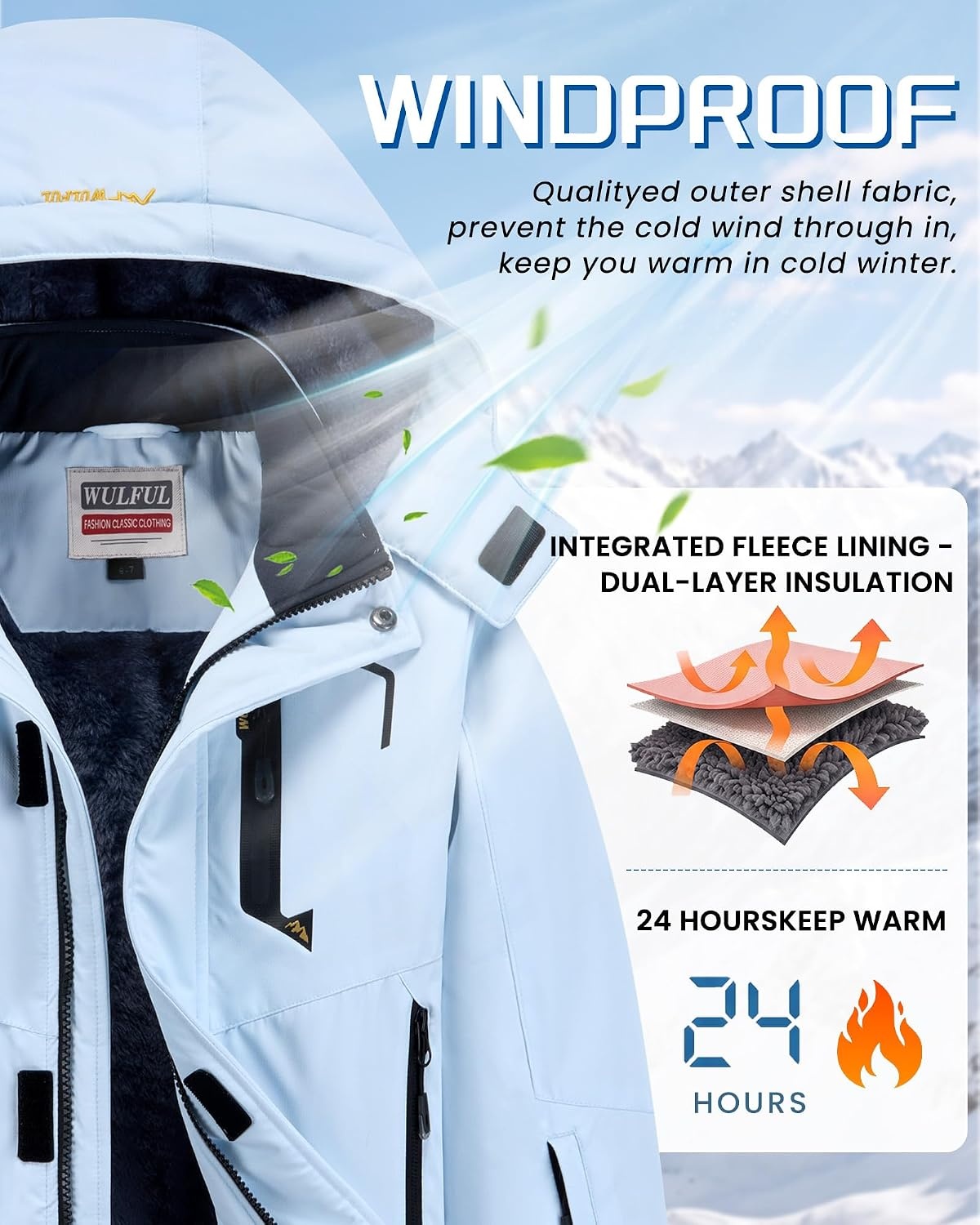 image:imageWULFUL Girls Waterproof Ski Jacket Winter Warm Fleece Lined Snow Coat with Removable Hood for Kids Skiing SnowboardingLight Blue