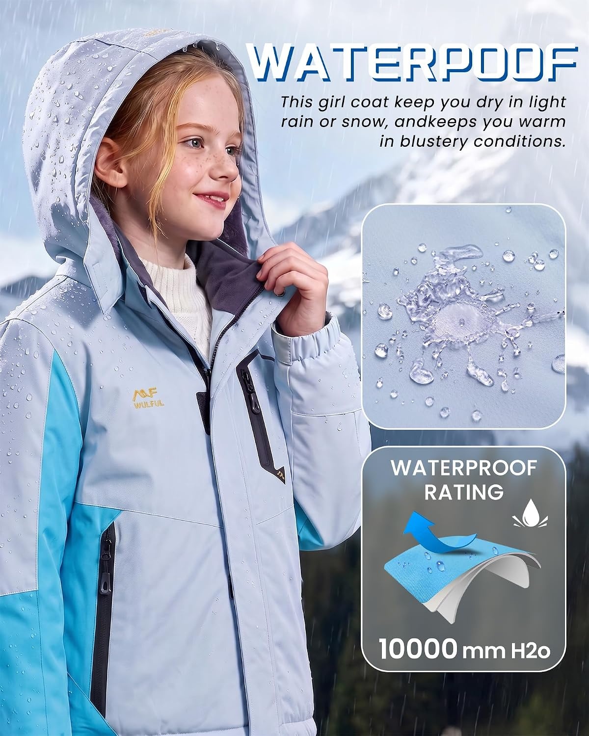 image:imageWULFUL Girls Waterproof Ski Jacket Winter Warm Fleece Lined Snow Coat with Removable Hood for Kids Skiing SnowboardingLight Blueblue