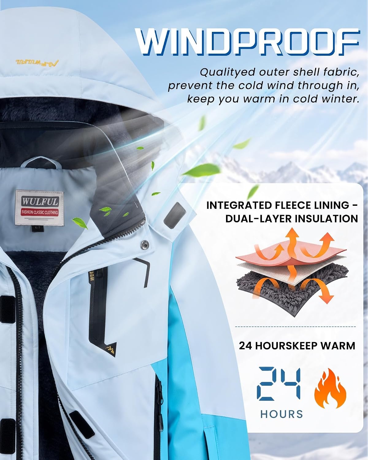 image:imageWULFUL Girls Waterproof Ski Jacket Winter Warm Fleece Lined Snow Coat with Removable Hood for Kids Skiing SnowboardingLight Blueblue