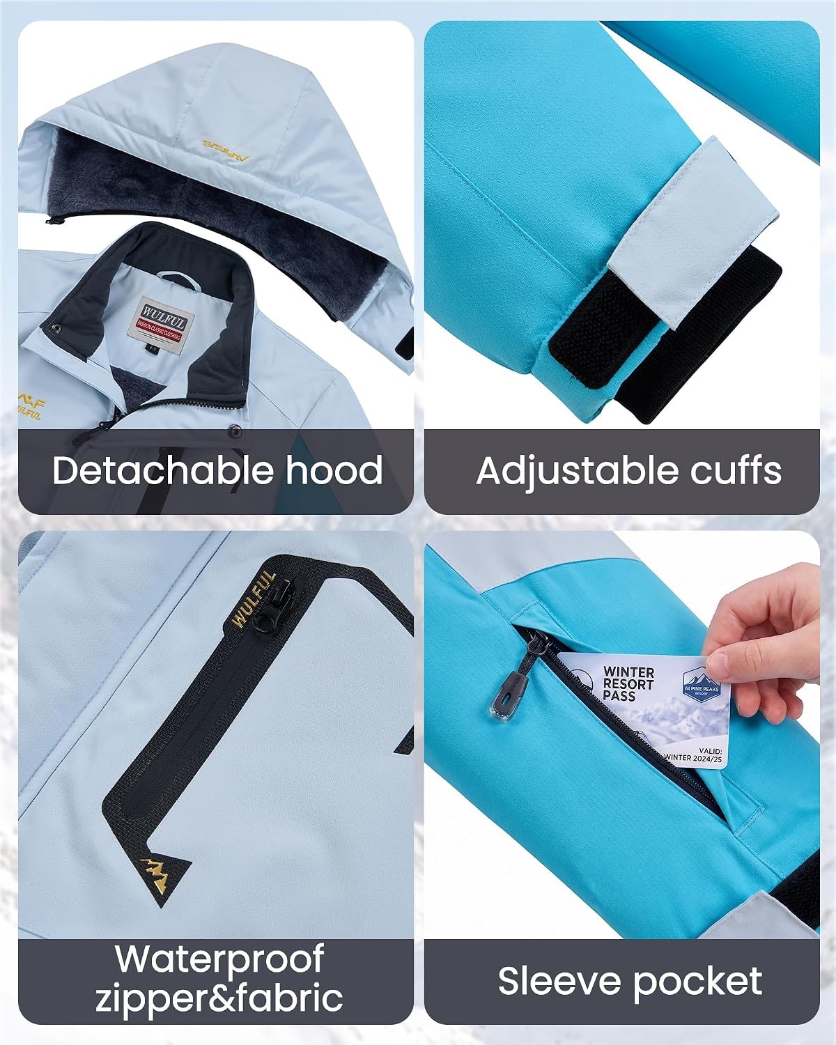 image:imageWULFUL Girls Waterproof Ski Jacket Winter Warm Fleece Lined Snow Coat with Removable Hood for Kids Skiing SnowboardingLight Blueblue