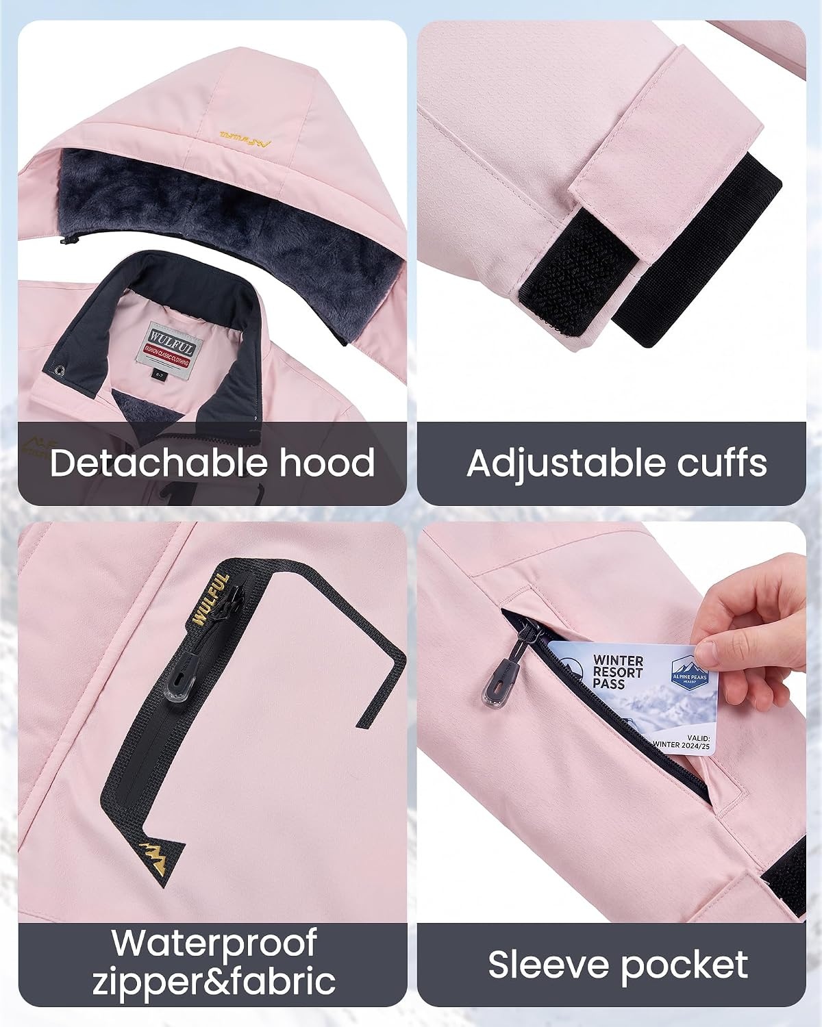 image:imageWULFUL Girls Waterproof Ski Jacket Winter Warm Fleece Lined Snow Coat with Removable Hood for Kids Skiing SnowboardingLight Pink