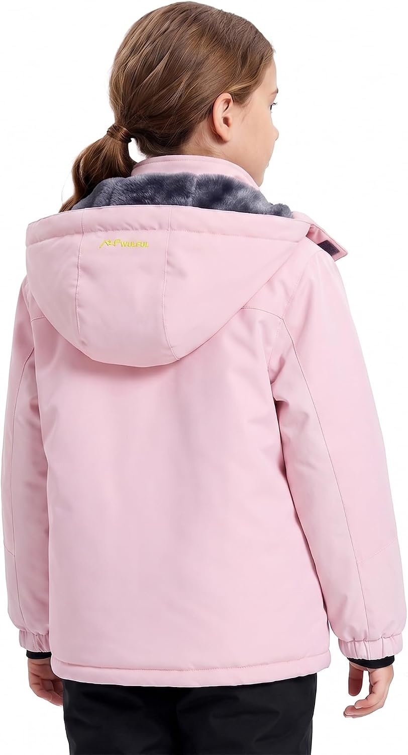 image:imageWULFUL Girls Waterproof Ski Jacket Winter Warm Fleece Lined Snow Coat with Removable Hood for Kids Skiing SnowboardingLight Pink