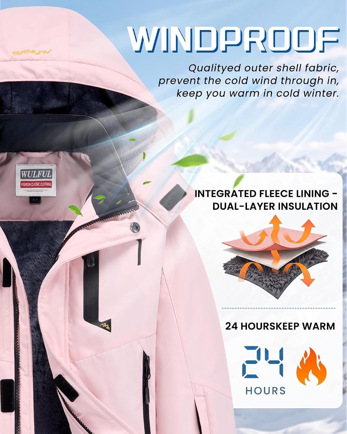 image:imageWULFUL Girls Waterproof Ski Jacket Winter Warm Fleece Lined Snow Coat with Removable Hood for Kids Skiing SnowboardingLight Pink