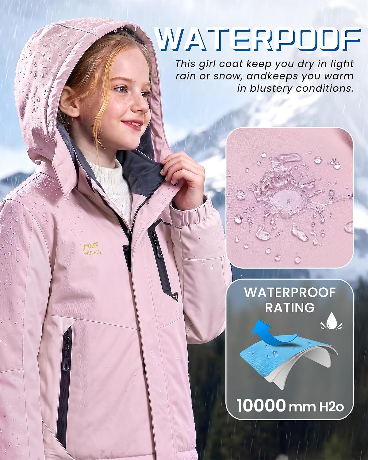 image:imageWULFUL Girls Waterproof Ski Jacket Winter Warm Fleece Lined Snow Coat with Removable Hood for Kids Skiing SnowboardingLight Pink