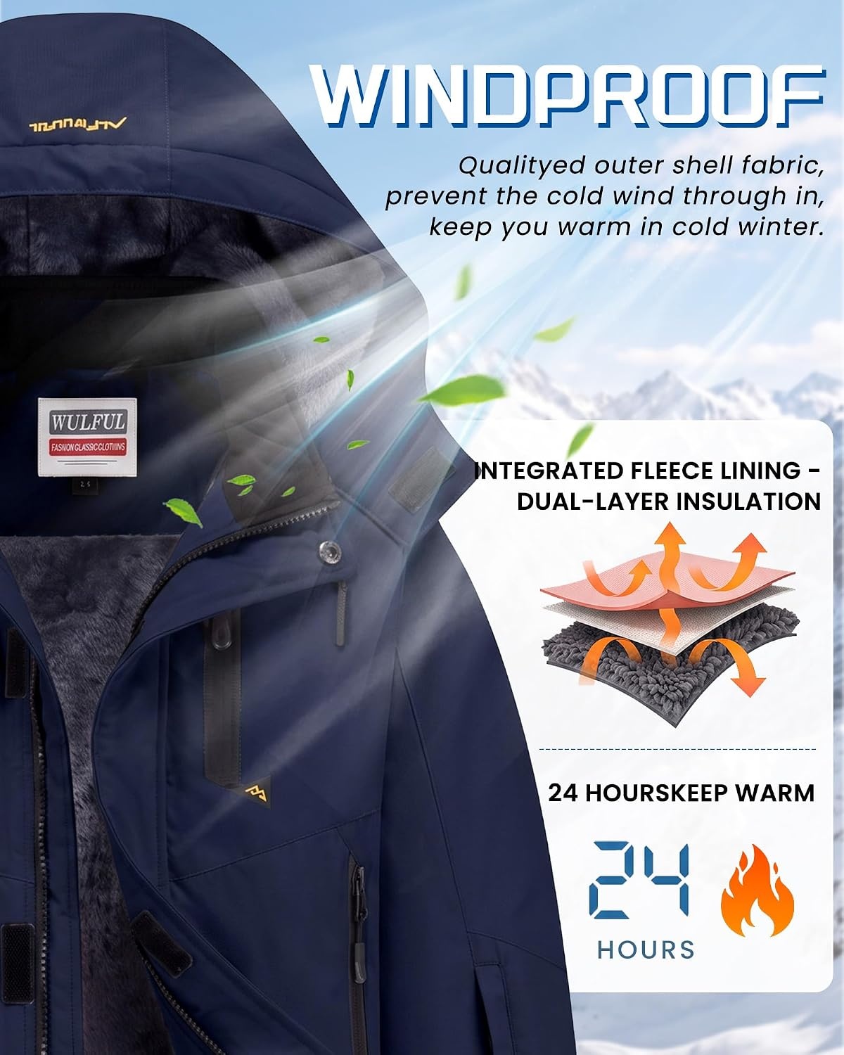 image:imageWULFUL Girls Waterproof Ski Jacket Winter Warm Fleece Lined Snow Coat with Removable Hood for Kids Skiing SnowboardingNavy