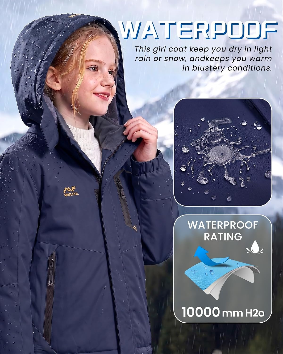 image:imageWULFUL Girls Waterproof Ski Jacket Winter Warm Fleece Lined Snow Coat with Removable Hood for Kids Skiing SnowboardingNavy