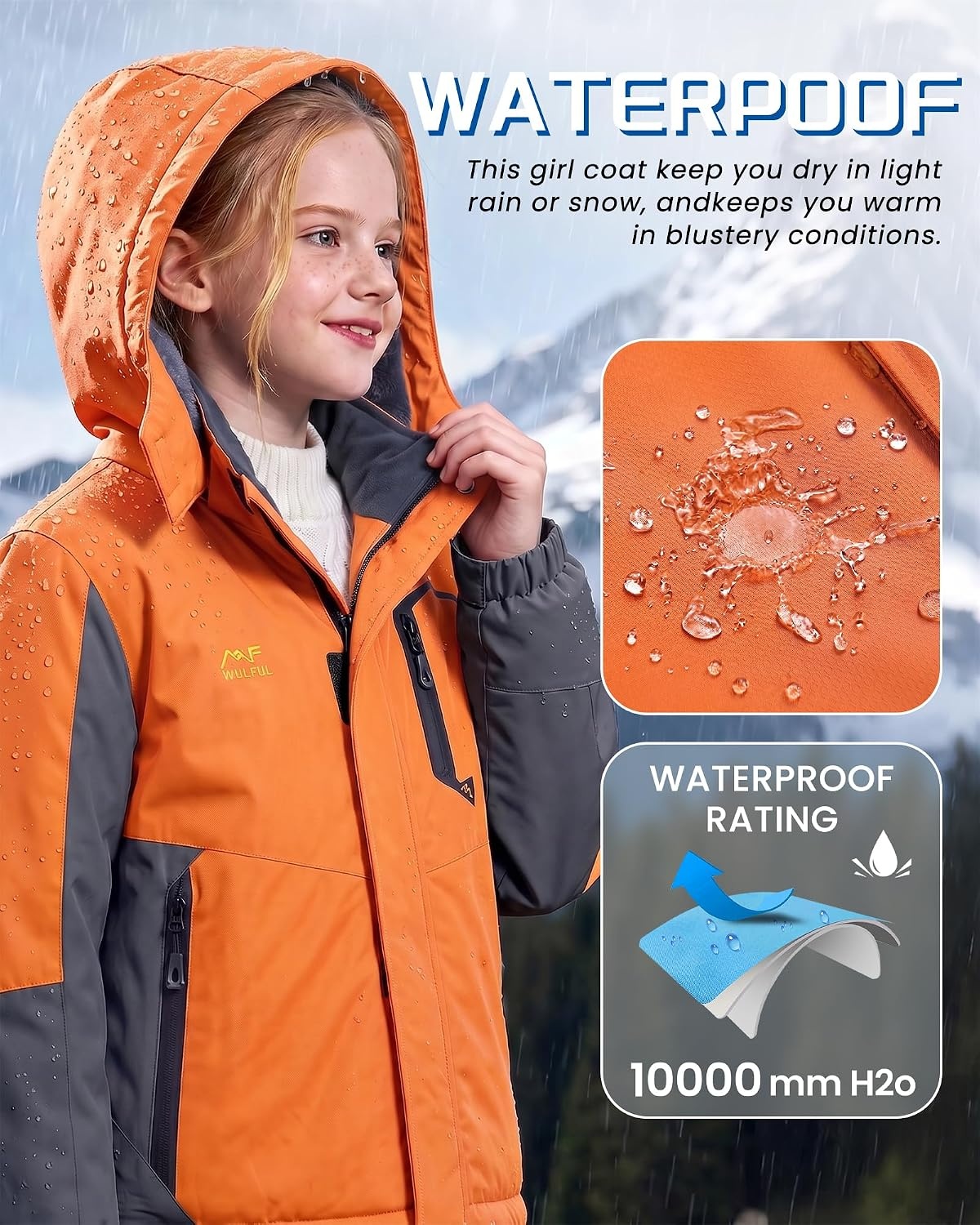 image:imageWULFUL Girls Waterproof Ski Jacket Winter Warm Fleece Lined Snow Coat with Removable Hood for Kids Skiing SnowboardingOrange