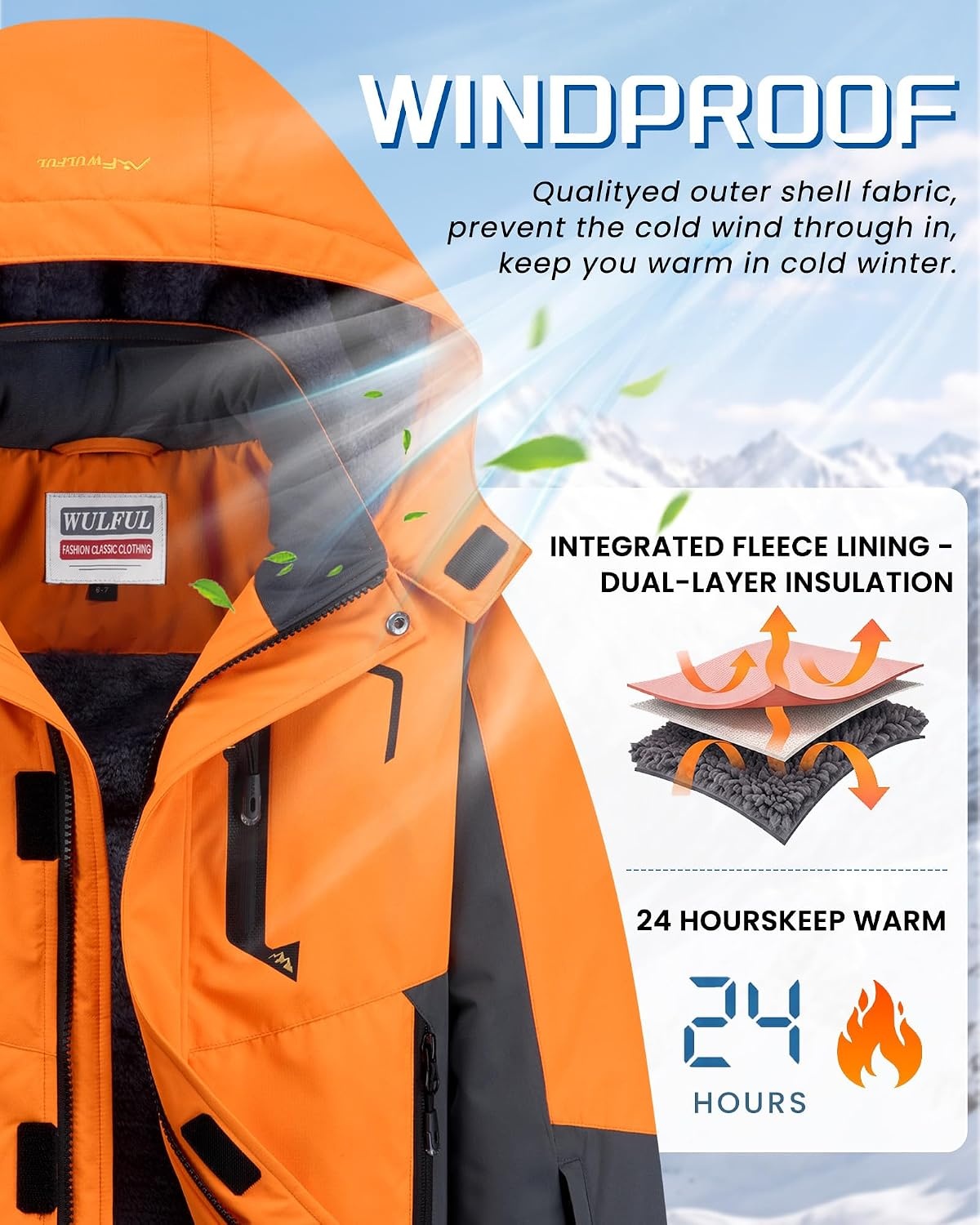image:imageWULFUL Girls Waterproof Ski Jacket Winter Warm Fleece Lined Snow Coat with Removable Hood for Kids Skiing SnowboardingOrange