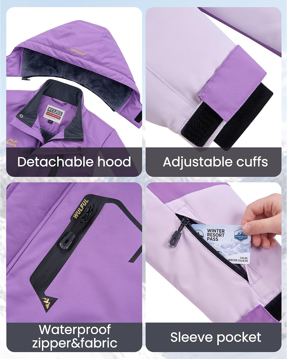 image:imageWULFUL Girls Waterproof Ski Jacket Winter Warm Fleece Lined Snow Coat with Removable Hood for Kids Skiing SnowboardingPurple