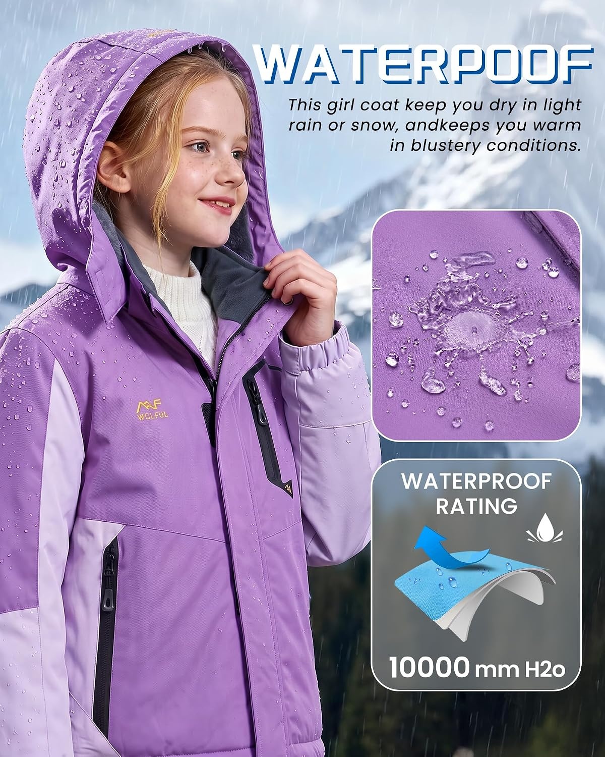 image:imageWULFUL Girls Waterproof Ski Jacket Winter Warm Fleece Lined Snow Coat with Removable Hood for Kids Skiing SnowboardingPurple
