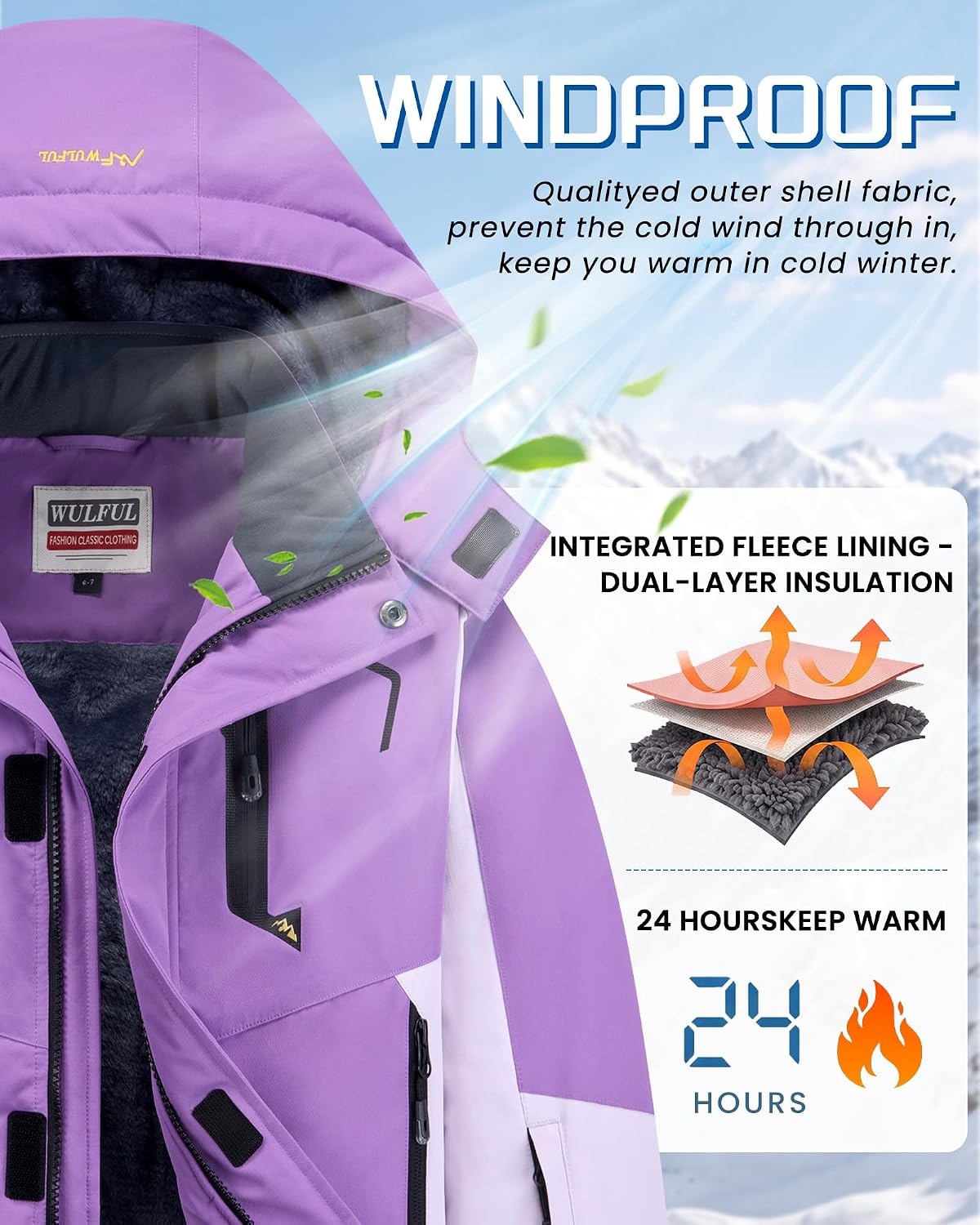 image:imageWULFUL Girls Waterproof Ski Jacket Winter Warm Fleece Lined Snow Coat with Removable Hood for Kids Skiing SnowboardingPurple