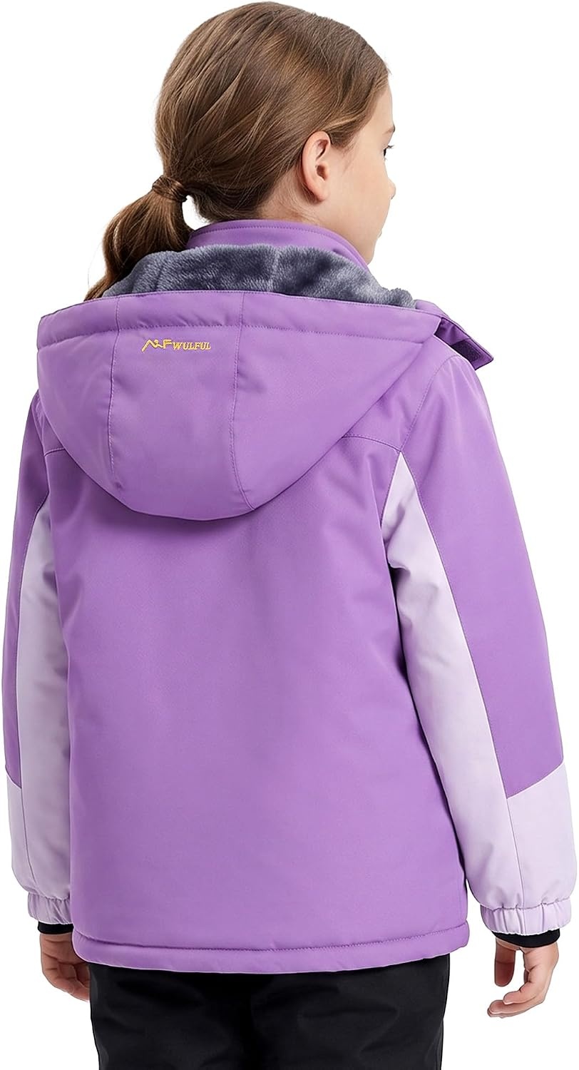 image:imageWULFUL Girls Waterproof Ski Jacket Winter Warm Fleece Lined Snow Coat with Removable Hood for Kids Skiing SnowboardingPurple