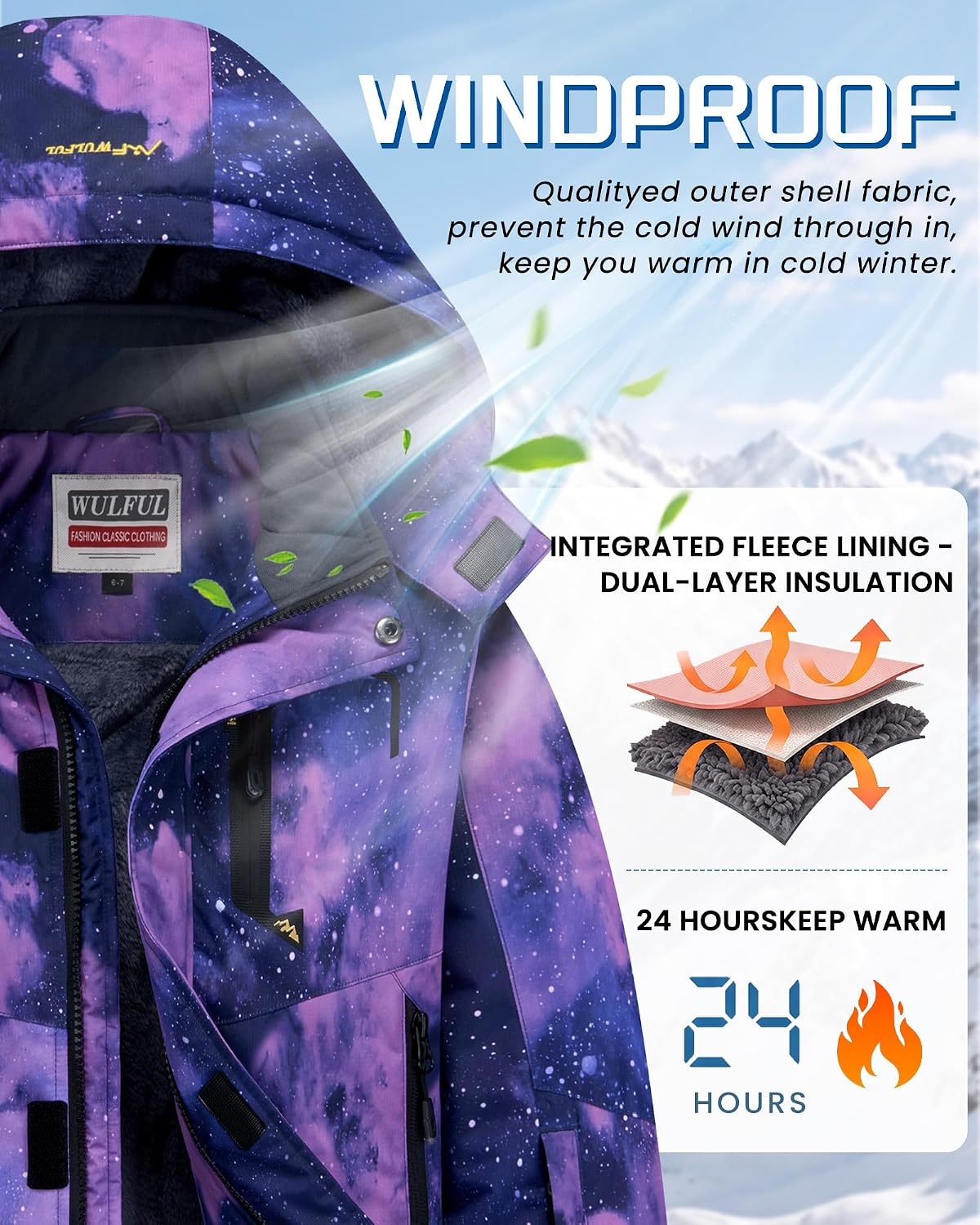image:imageWULFUL Girls Waterproof Ski Jacket Winter Warm Fleece Lined Snow Coat with Removable Hood for Kids Skiing SnowboardingPurple Star