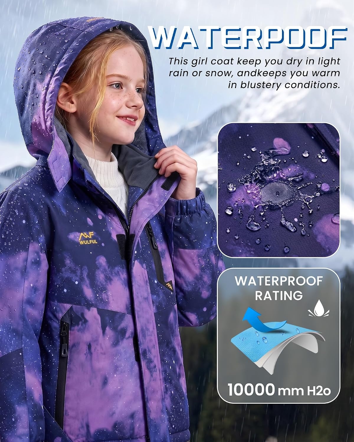 image:imageWULFUL Girls Waterproof Ski Jacket Winter Warm Fleece Lined Snow Coat with Removable Hood for Kids Skiing SnowboardingPurple Star
