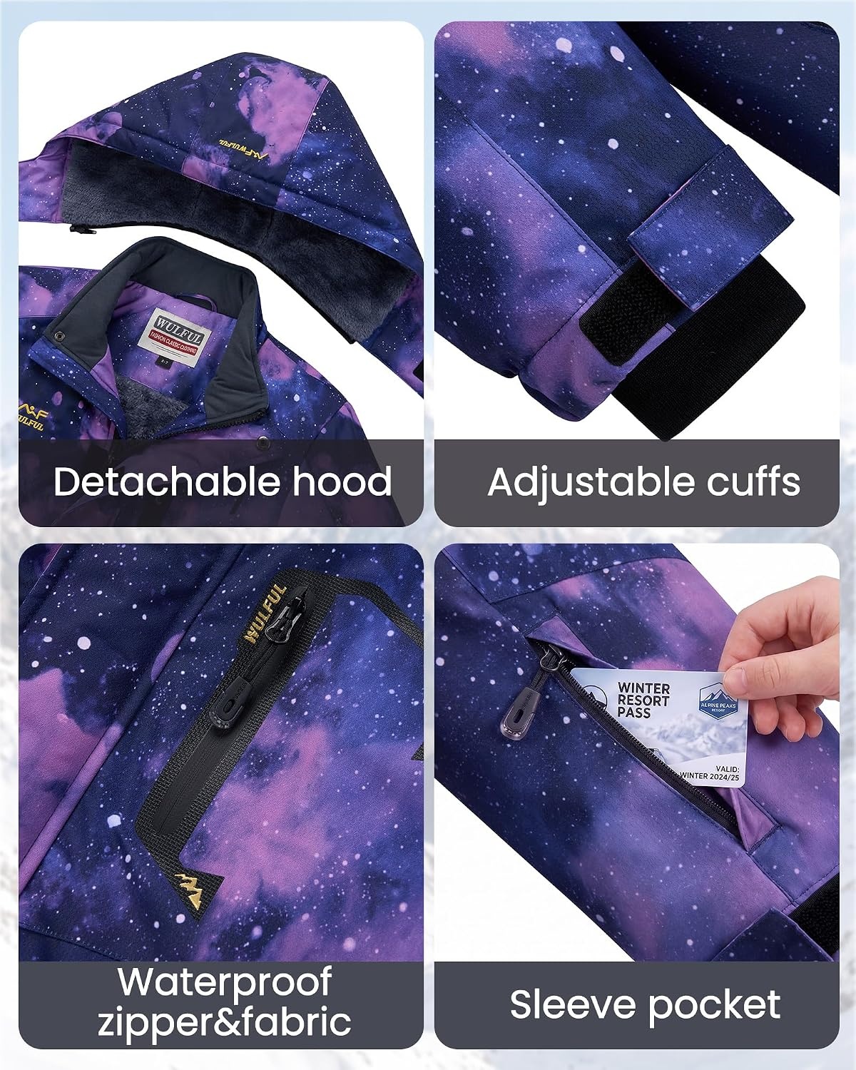 image:imageWULFUL Girls Waterproof Ski Jacket Winter Warm Fleece Lined Snow Coat with Removable Hood for Kids Skiing SnowboardingPurple Star